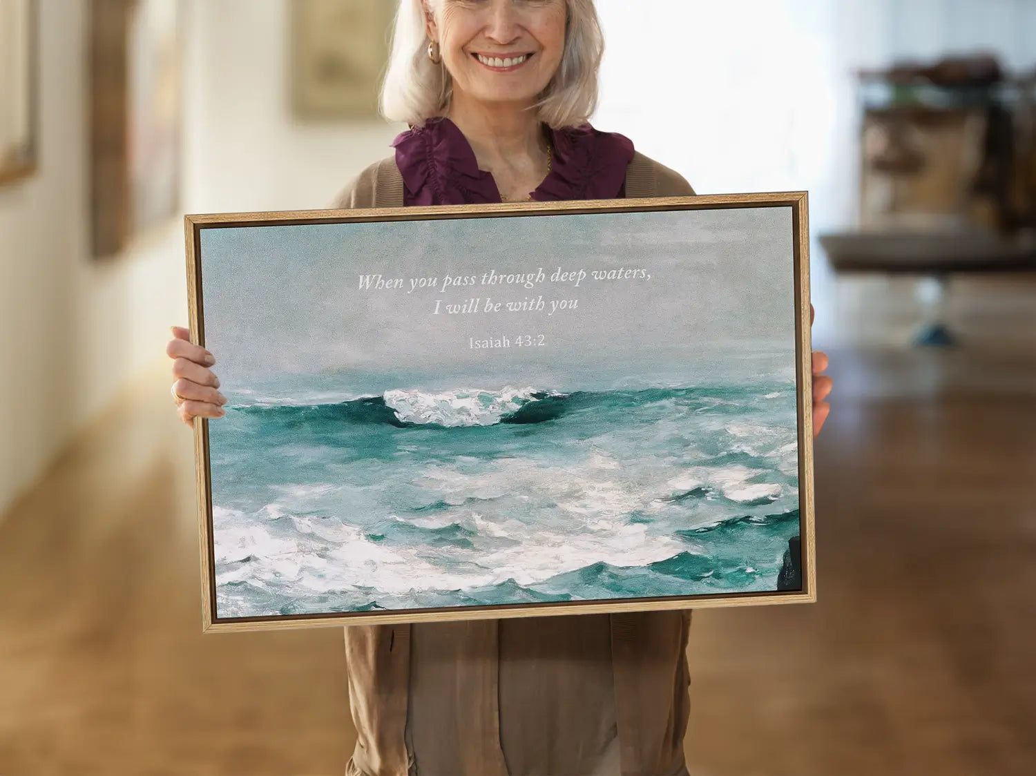 Anchor your heart in hope with this powerful Christian wall art. This framed print features a dynamic seascape painting paired with the comforting promise from Isaiah 43:2: "When you pass through deep waters, I will be with you."