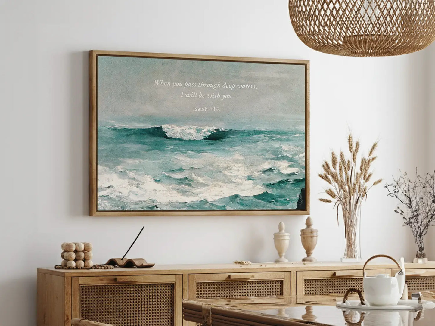Anchor your heart in hope with this powerful Christian wall art. This framed print features a dynamic seascape painting paired with the comforting promise from Isaiah 43:2: "When you pass through deep waters, I will be with you."