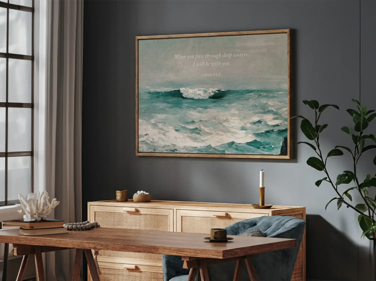 Anchor your heart in hope with this powerful Christian wall art. This framed print features a dynamic seascape painting paired with the comforting promise from Isaiah 43:2: "When you pass through deep waters, I will be with you."