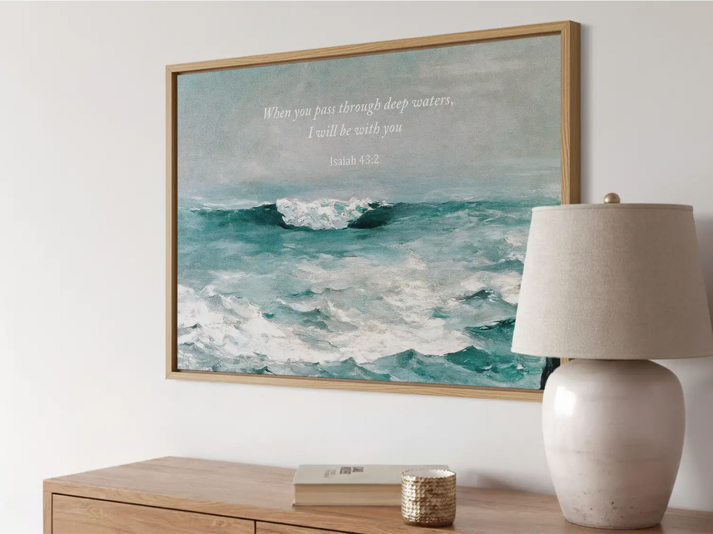 Anchor your heart in hope with this powerful Christian wall art. This framed print features a dynamic seascape painting paired with the comforting promise from Isaiah 43:2: "When you pass through deep waters, I will be with you."
