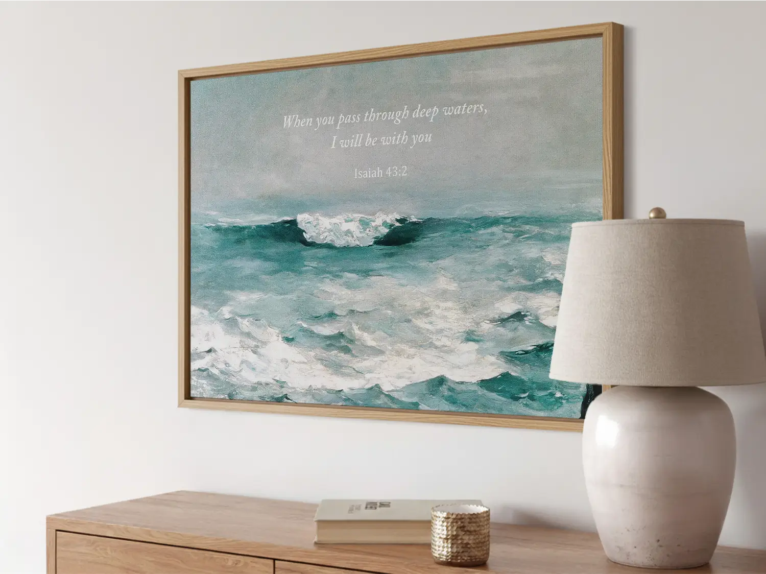 Anchor your heart in hope with this powerful Christian wall art. This framed print features a dynamic seascape painting paired with the comforting promise from Isaiah 43:2: "When you pass through deep waters, I will be with you."