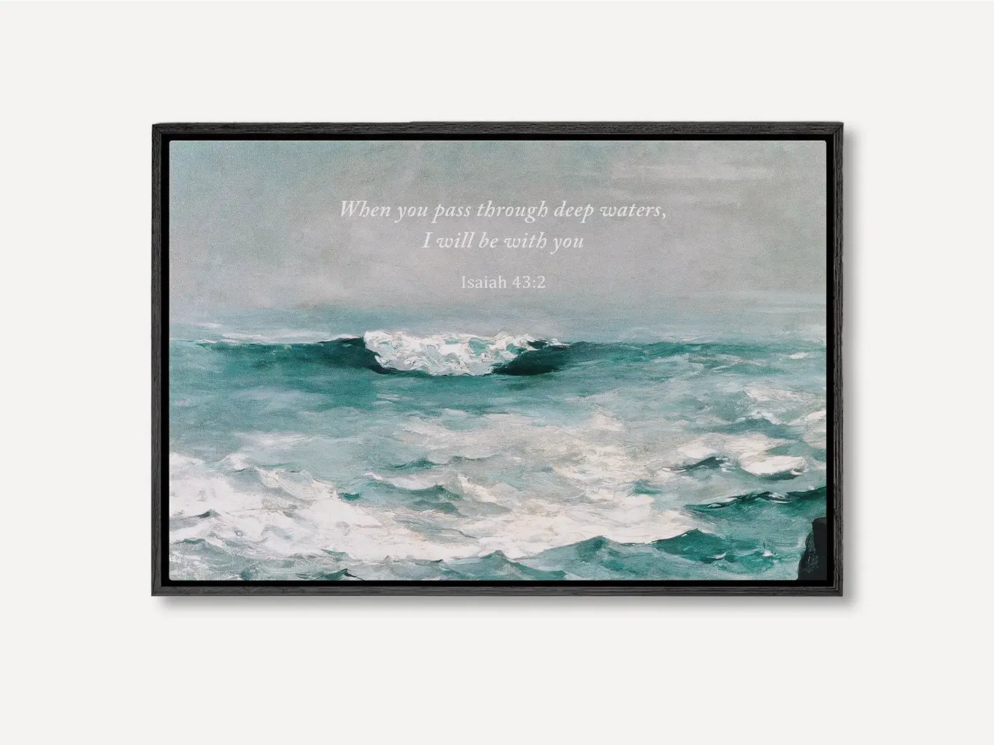 Anchor your heart in hope with this powerful Christian wall art. This framed print features a dynamic seascape painting paired with the comforting promise from Isaiah 43:2: "When you pass through deep waters, I will be with you."