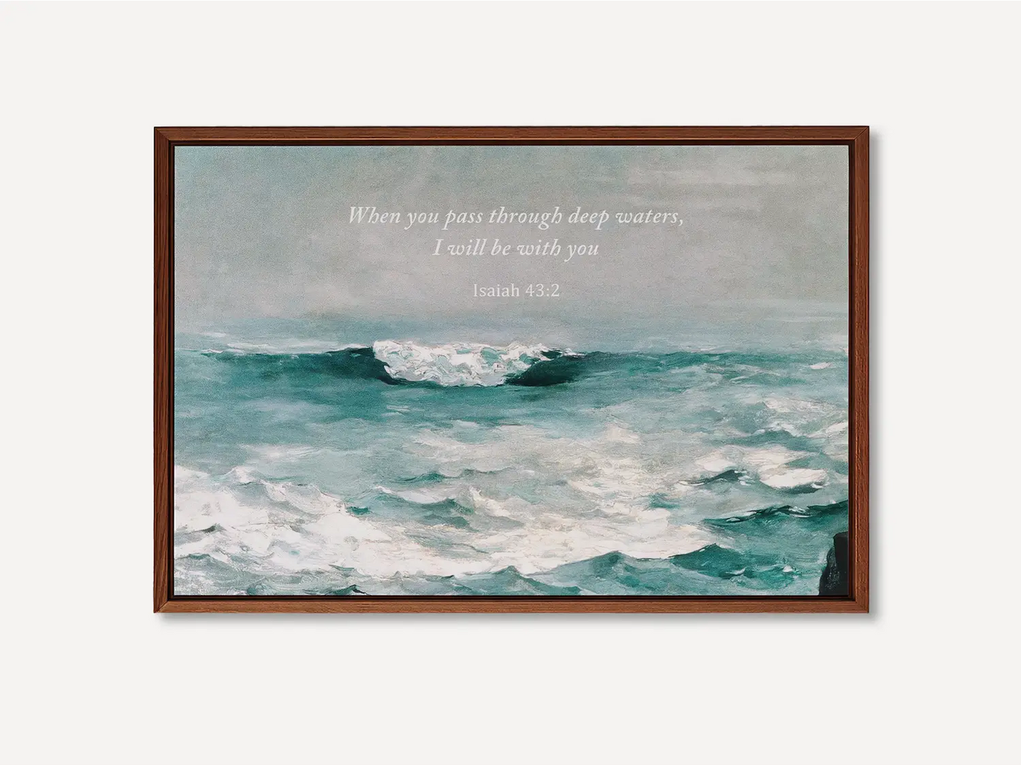 Anchor your heart in hope with this powerful Christian wall art. This framed print features a dynamic seascape painting paired with the comforting promise from Isaiah 43:2: "When you pass through deep waters, I will be with you."