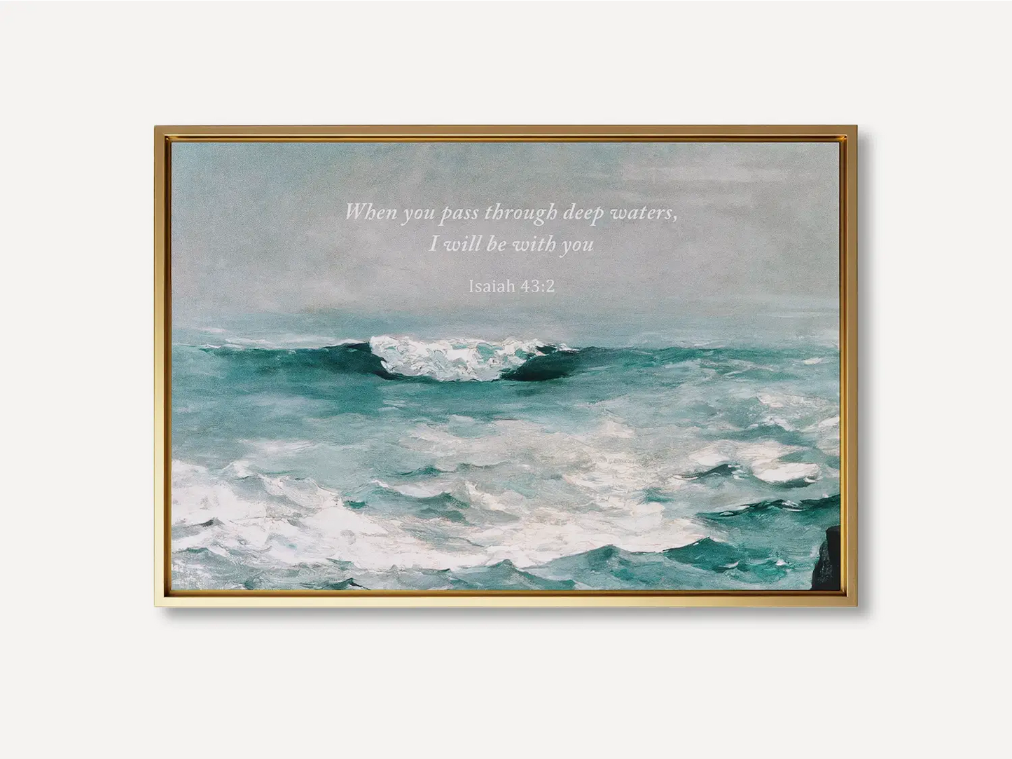 Anchor your heart in hope with this powerful Christian wall art. This framed print features a dynamic seascape painting paired with the comforting promise from Isaiah 43:2: "When you pass through deep waters, I will be with you."