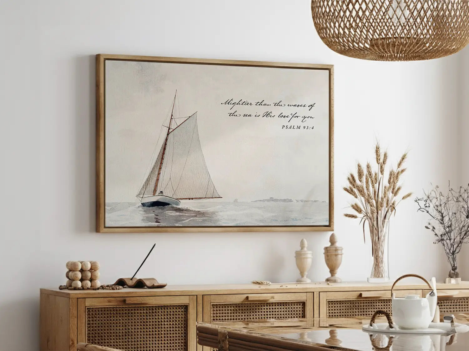 Anchor your heart in unwavering love with this inspiring Christian wall art. This framed print features a serene sailboat painting paired with the powerful promise from Psalm 93:4: "Mightier than the waves of the sea is His love for you."