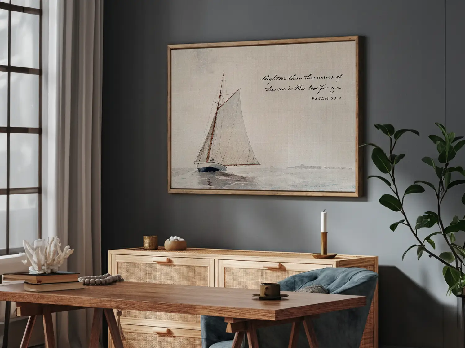 Anchor your heart in unwavering love with this inspiring Christian wall art. This framed print features a serene sailboat painting paired with the powerful promise from Psalm 93:4: "Mightier than the waves of the sea is His love for you."