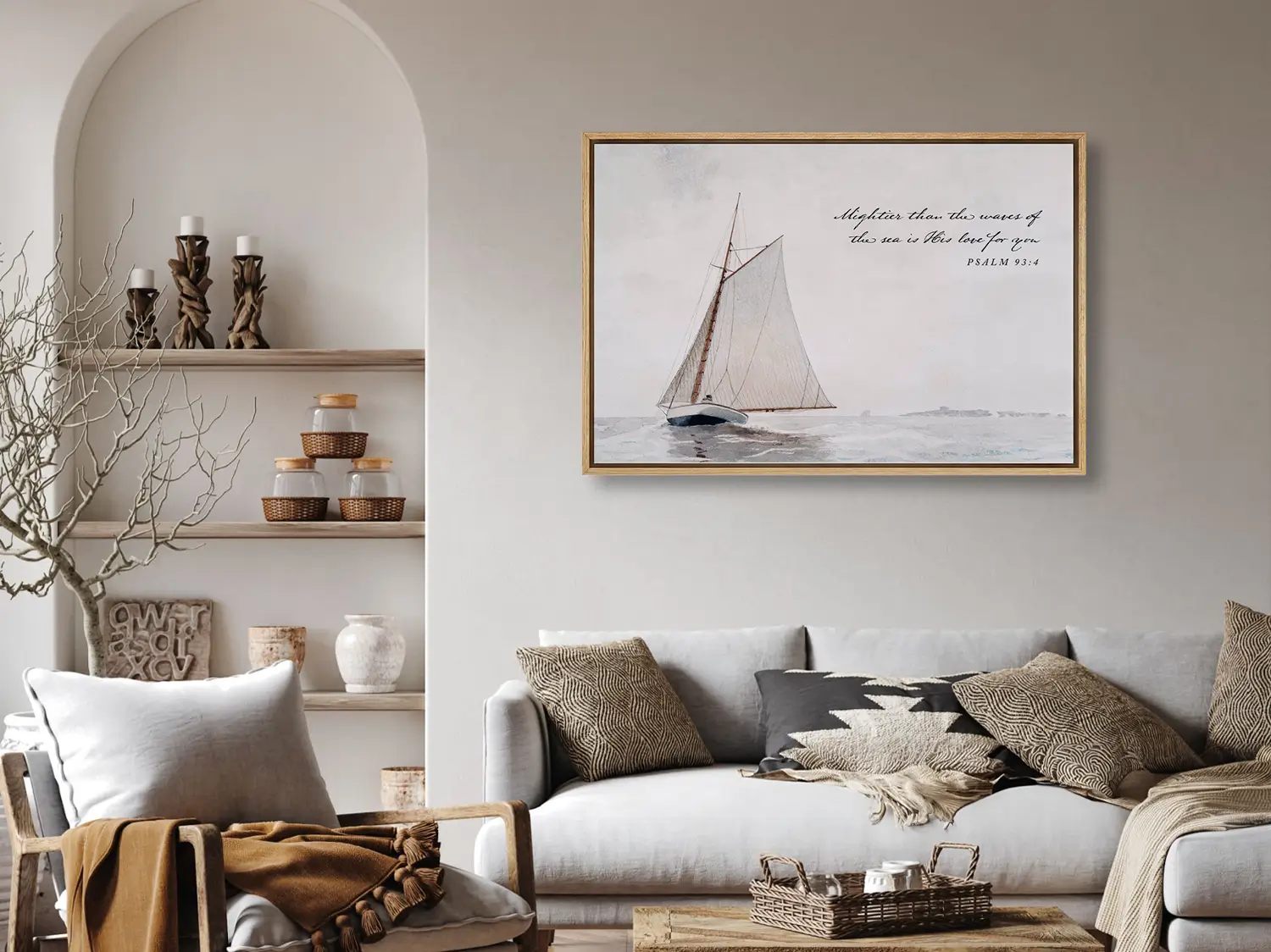 Anchor your heart in unwavering love with this inspiring Christian wall art. This framed print features a serene sailboat painting paired with the powerful promise from Psalm 93:4: "Mightier than the waves of the sea is His love for you."