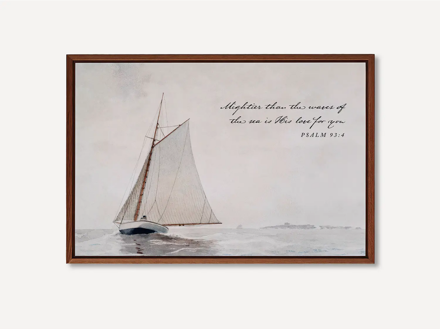 Anchor your heart in unwavering love with this inspiring Christian wall art. This framed print features a serene sailboat painting paired with the powerful promise from Psalm 93:4: "Mightier than the waves of the sea is His love for you."