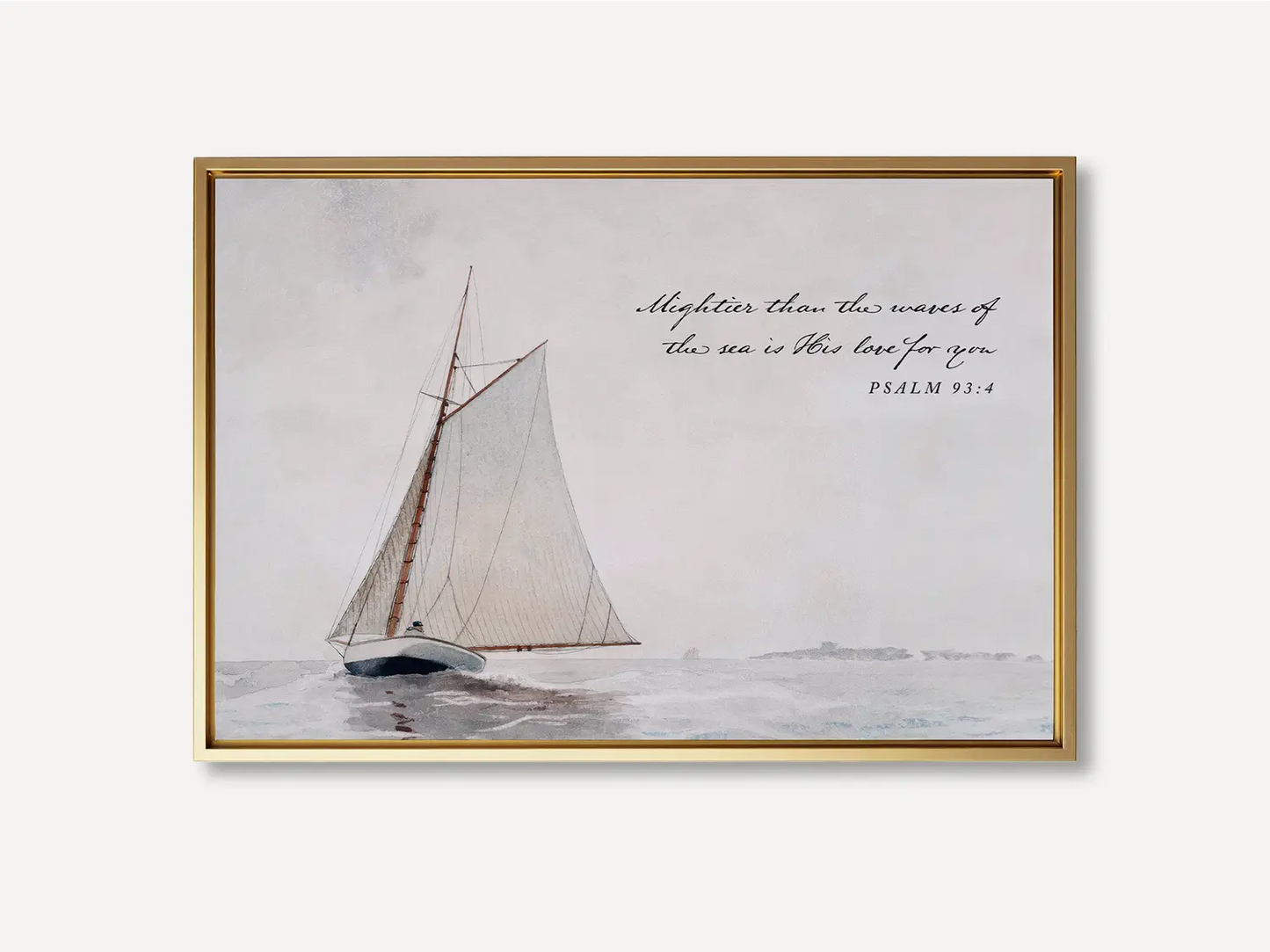 Anchor your heart in unwavering love with this inspiring Christian wall art. This framed print features a serene sailboat painting paired with the powerful promise from Psalm 93:4: "Mightier than the waves of the sea is His love for you."