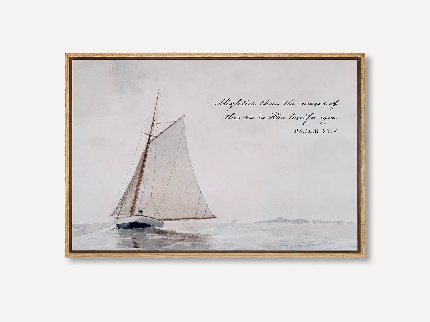 Anchor your heart in unwavering love with this inspiring Christian wall art. This framed print features a serene sailboat painting paired with the powerful promise from Psalm 93:4: "Mightier than the waves of the sea is His love for you."
