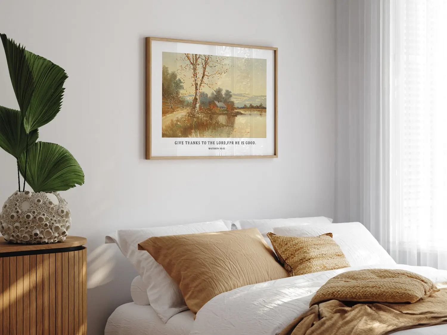Cultivate a spirit of thankfulness in your home with this inspiring Christian wall art. This framed print features a warm, reflective autumn landscape paired with the powerful call to "Give thanks to the Lord, for he is good."