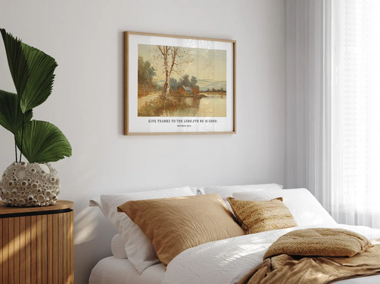 Cultivate a spirit of thankfulness in your home with this inspiring Christian wall art. This framed print features a warm, reflective autumn landscape paired with the powerful call to "Give thanks to the Lord, for he is good."