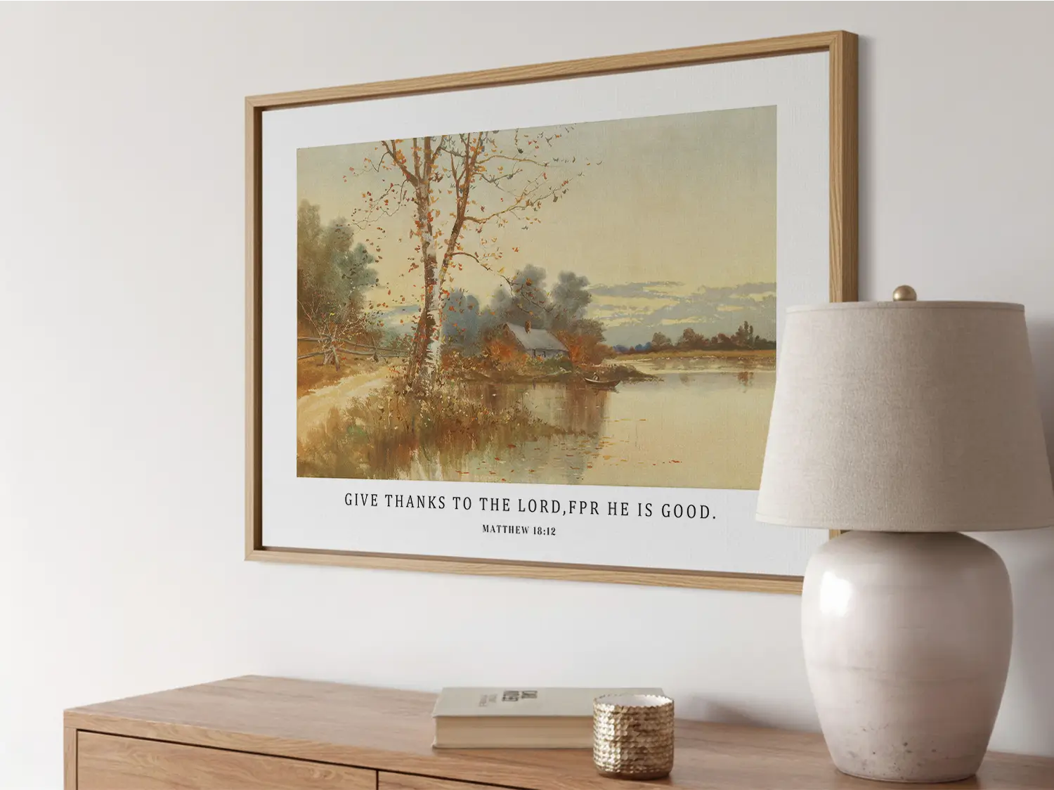Cultivate a spirit of thankfulness in your home with this inspiring Christian wall art. This framed print features a warm, reflective autumn landscape paired with the powerful call to "Give thanks to the Lord, for he is good."