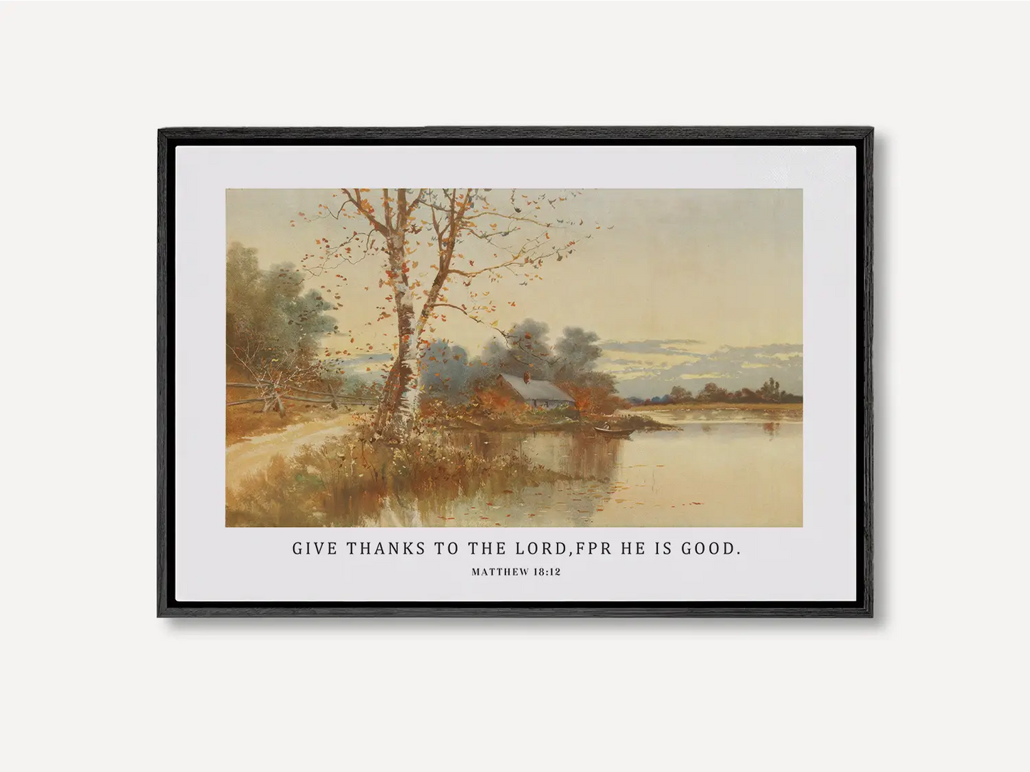 Cultivate a spirit of thankfulness in your home with this inspiring Christian wall art. This framed print features a warm, reflective autumn landscape paired with the powerful call to "Give thanks to the Lord, for he is good."