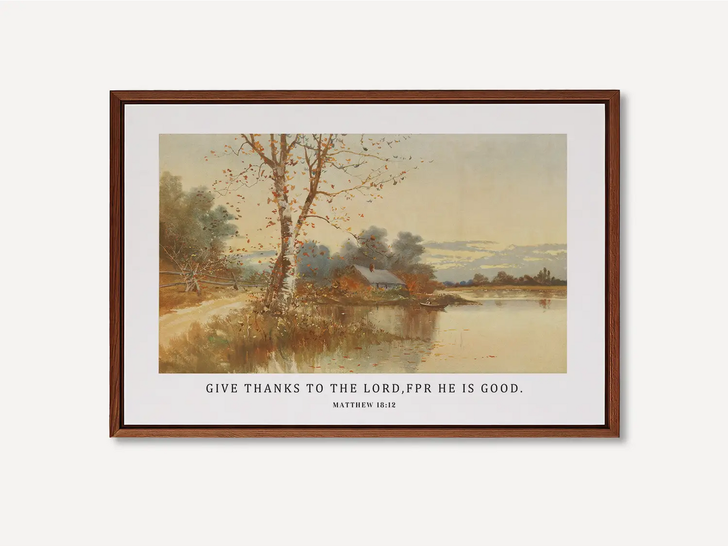 Cultivate a spirit of thankfulness in your home with this inspiring Christian wall art. This framed print features a warm, reflective autumn landscape paired with the powerful call to "Give thanks to the Lord, for he is good."