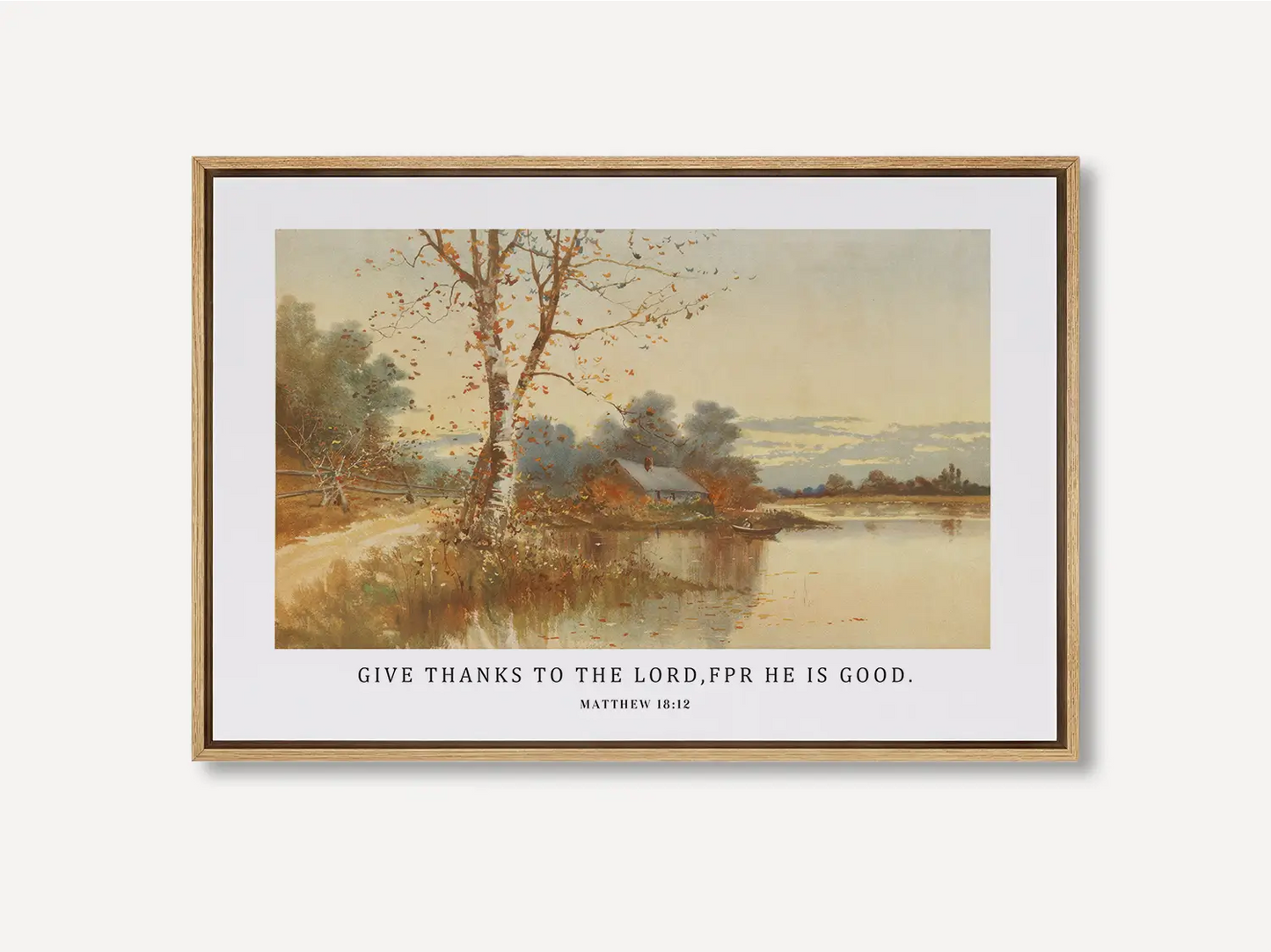 Cultivate a spirit of thankfulness in your home with this inspiring Christian wall art. This framed print features a warm, reflective autumn landscape paired with the powerful call to "Give thanks to the Lord, for he is good."