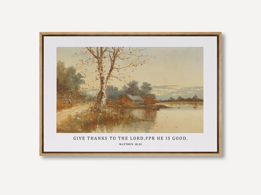 Cultivate a spirit of thankfulness in your home with this inspiring Christian wall art. This framed print features a warm, reflective autumn landscape paired with the powerful call to "Give thanks to the Lord, for he is good."
