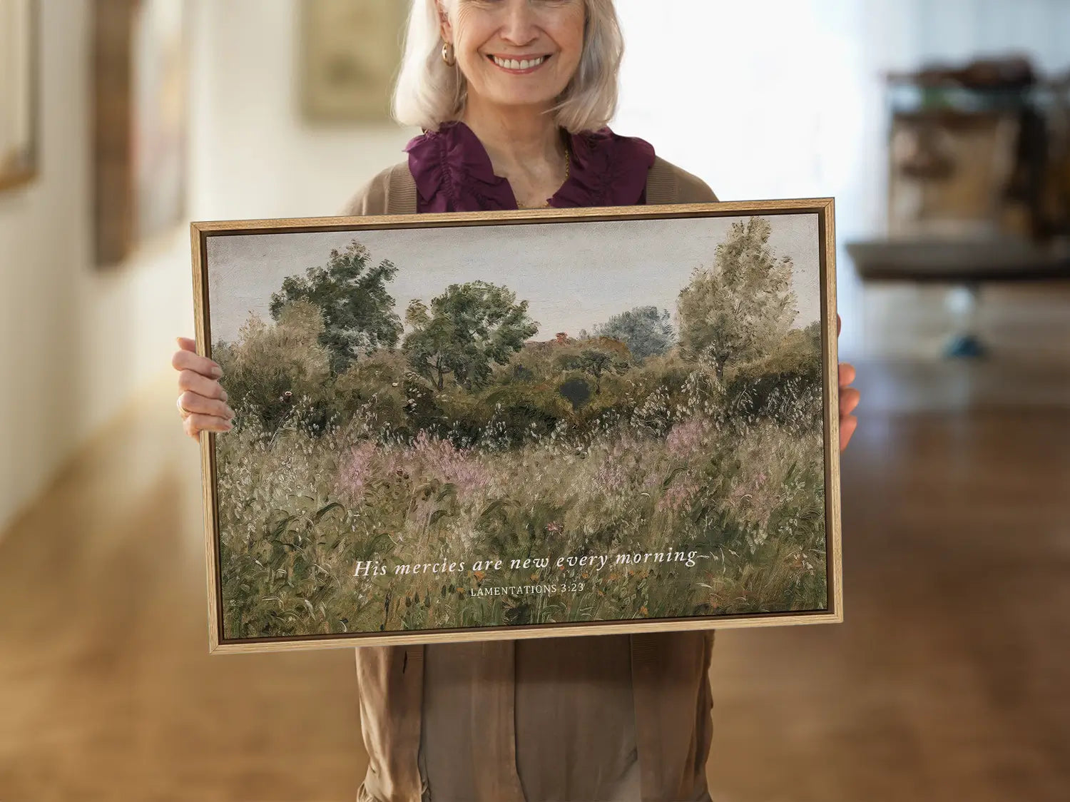 Start each day with hope and grace with this inspiring Christian wall art. This framed print features a beautiful, rustic field painting paired with the comforting promise from Lamentations 3:23: "His mercies are new every morning."