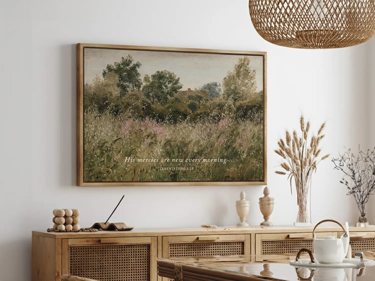 Start each day with hope and grace with this inspiring Christian wall art. This framed print features a beautiful, rustic field painting paired with the comforting promise from Lamentations 3:23: "His mercies are new every morning."