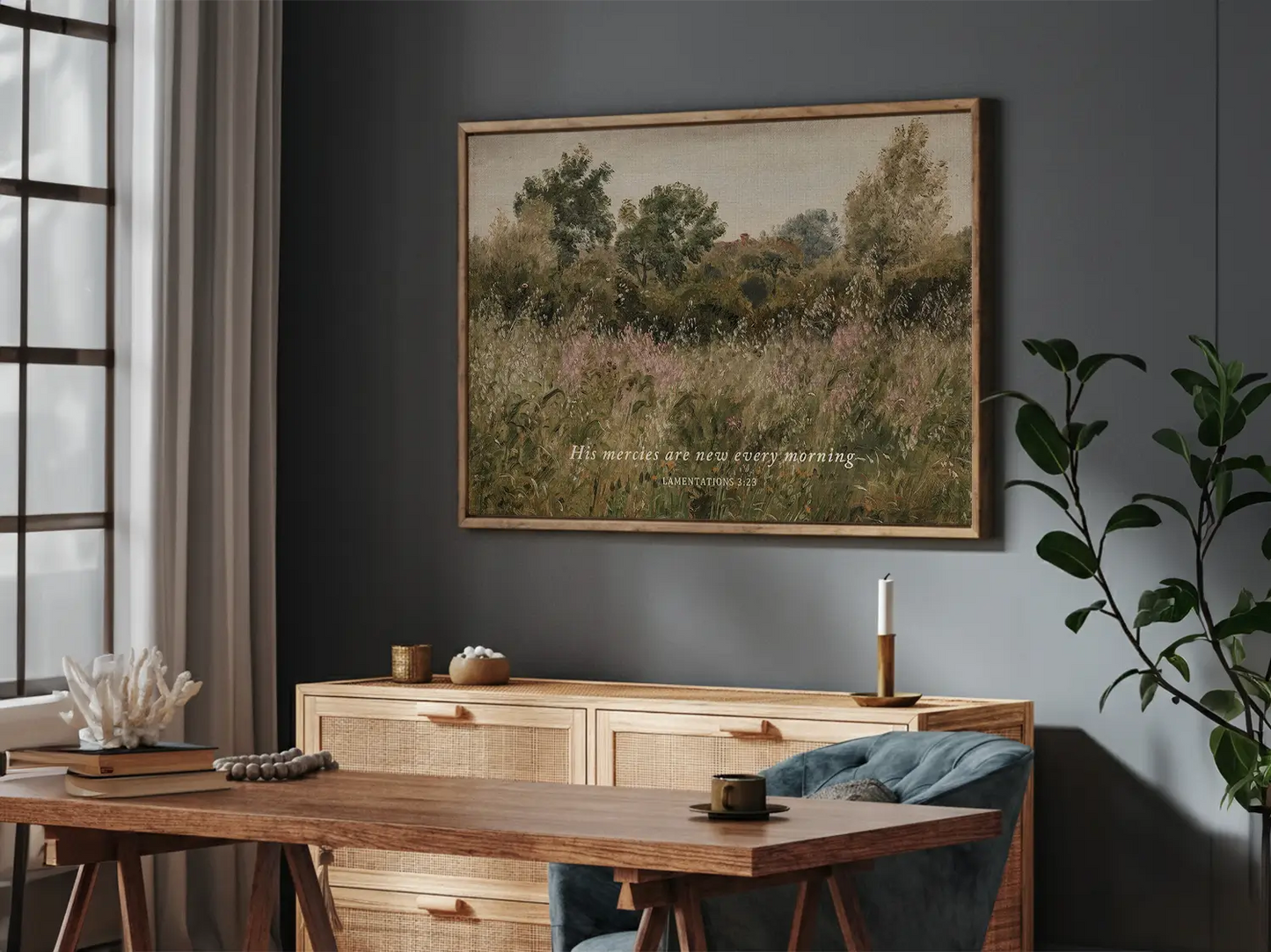 Start each day with hope and grace with this inspiring Christian wall art. This framed print features a beautiful, rustic field painting paired with the comforting promise from Lamentations 3:23: "His mercies are new every morning."