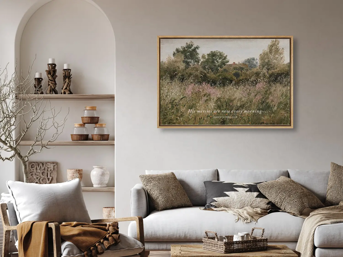 Start each day with hope and grace with this inspiring Christian wall art. This framed print features a beautiful, rustic field painting paired with the comforting promise from Lamentations 3:23: "His mercies are new every morning."