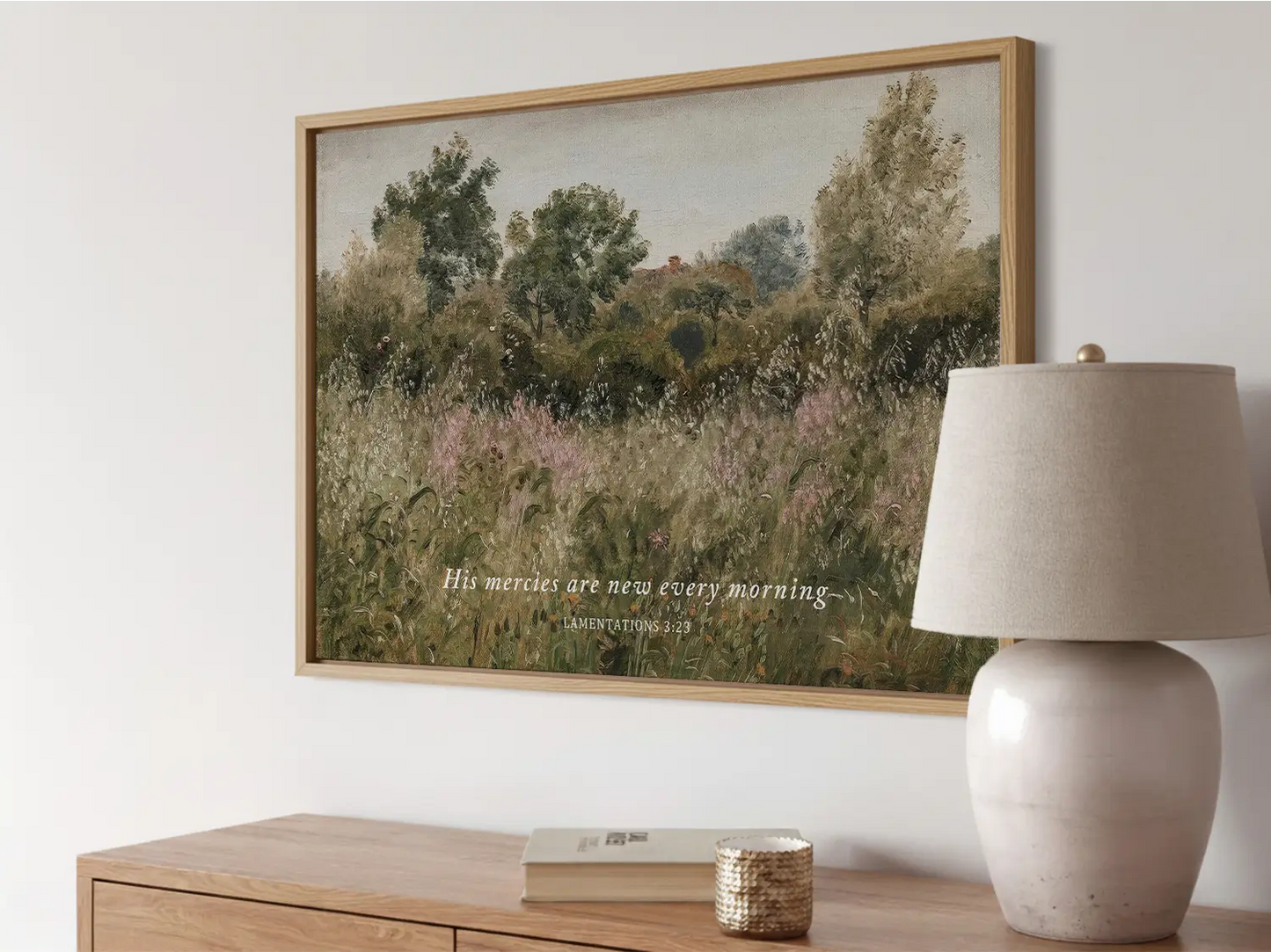 Start each day with hope and grace with this inspiring Christian wall art. This framed print features a beautiful, rustic field painting paired with the comforting promise from Lamentations 3:23: "His mercies are new every morning."