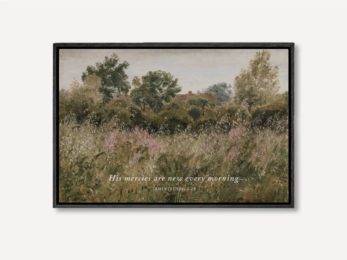 Start each day with hope and grace with this inspiring Christian wall art. This framed print features a beautiful, rustic field painting paired with the comforting promise from Lamentations 3:23: "His mercies are new every morning."