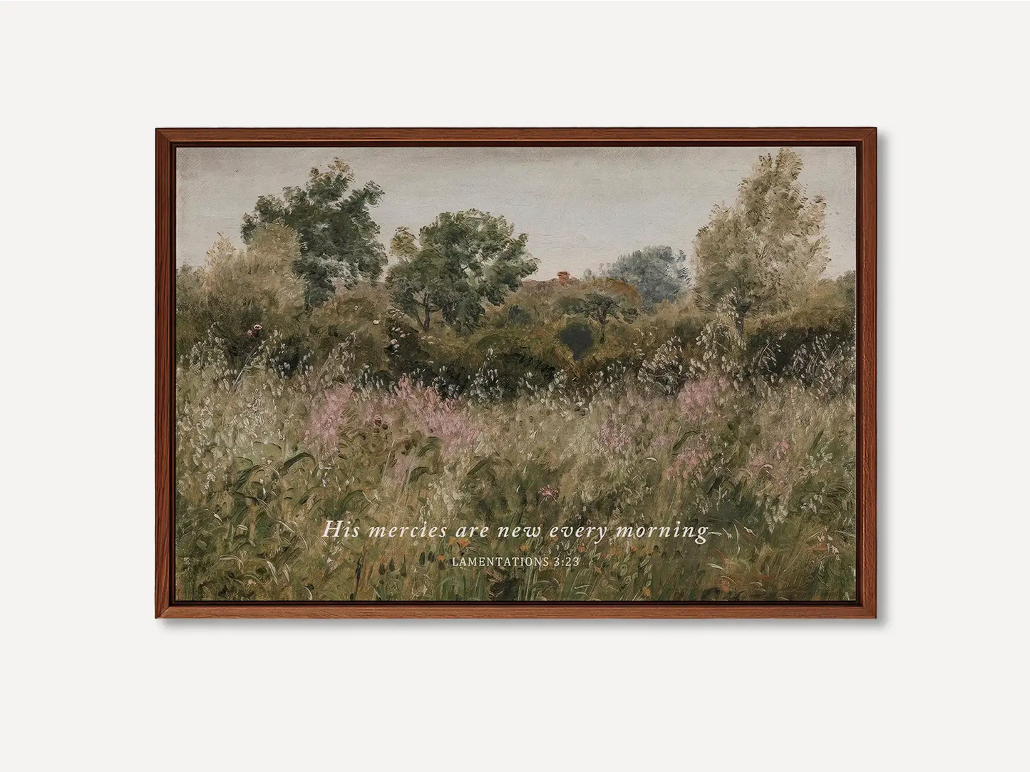 Start each day with hope and grace with this inspiring Christian wall art. This framed print features a beautiful, rustic field painting paired with the comforting promise from Lamentations 3:23: "His mercies are new every morning."