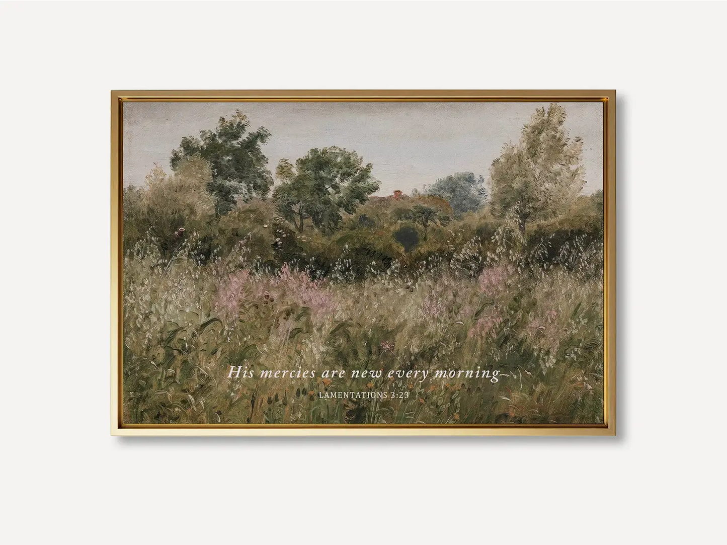 Start each day with hope and grace with this inspiring Christian wall art. This framed print features a beautiful, rustic field painting paired with the comforting promise from Lamentations 3:23: "His mercies are new every morning."