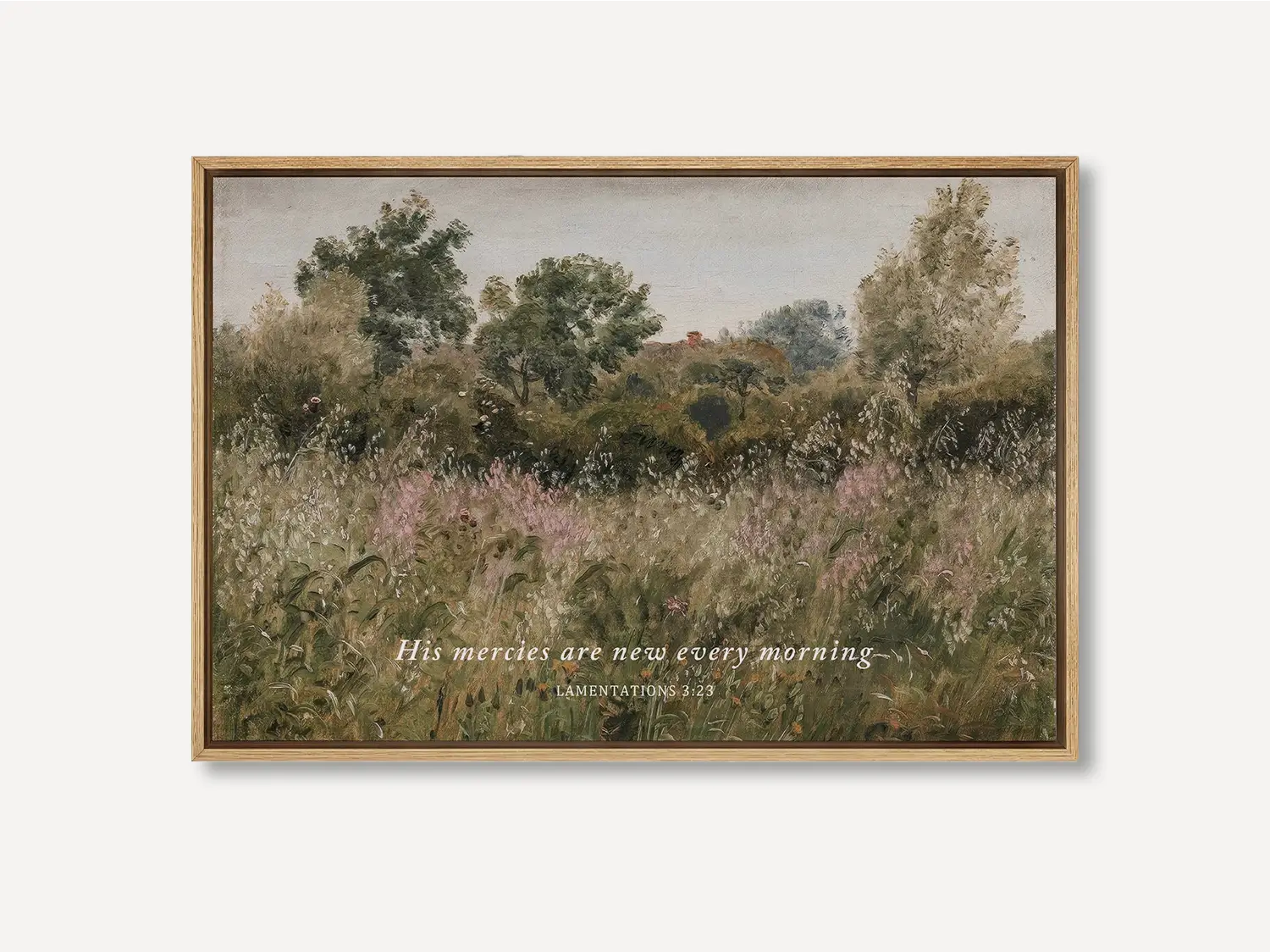 Start each day with hope and grace with this inspiring Christian wall art. This framed print features a beautiful, rustic field painting paired with the comforting promise from Lamentations 3:23: "His mercies are new every morning."