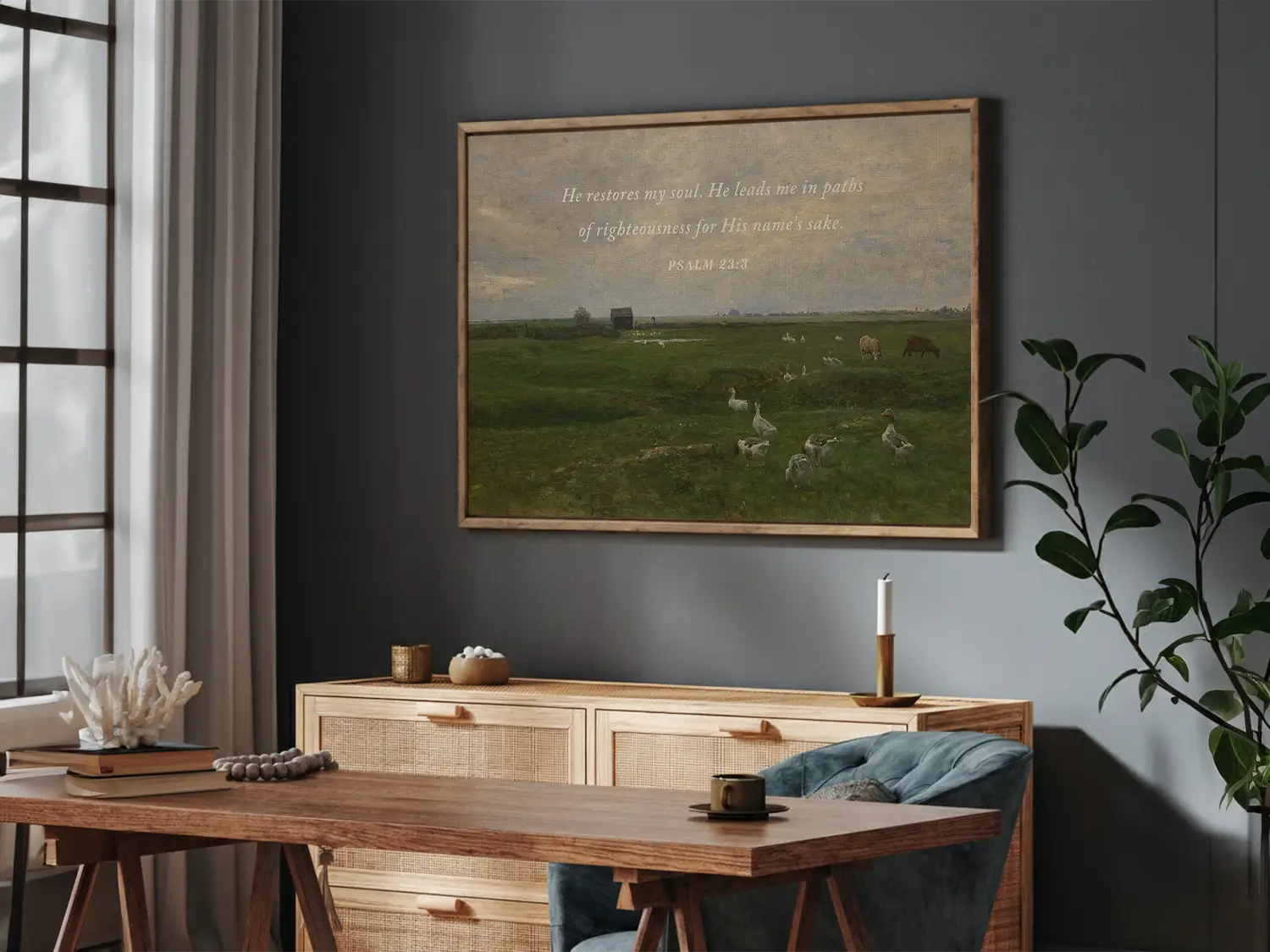 Invite peace and renewal into your space with this inspiring Christian wall art. This framed print features a calming pastoral landscape paired with the comforting promise from Psalm 23:3 about the restoration of the soul.