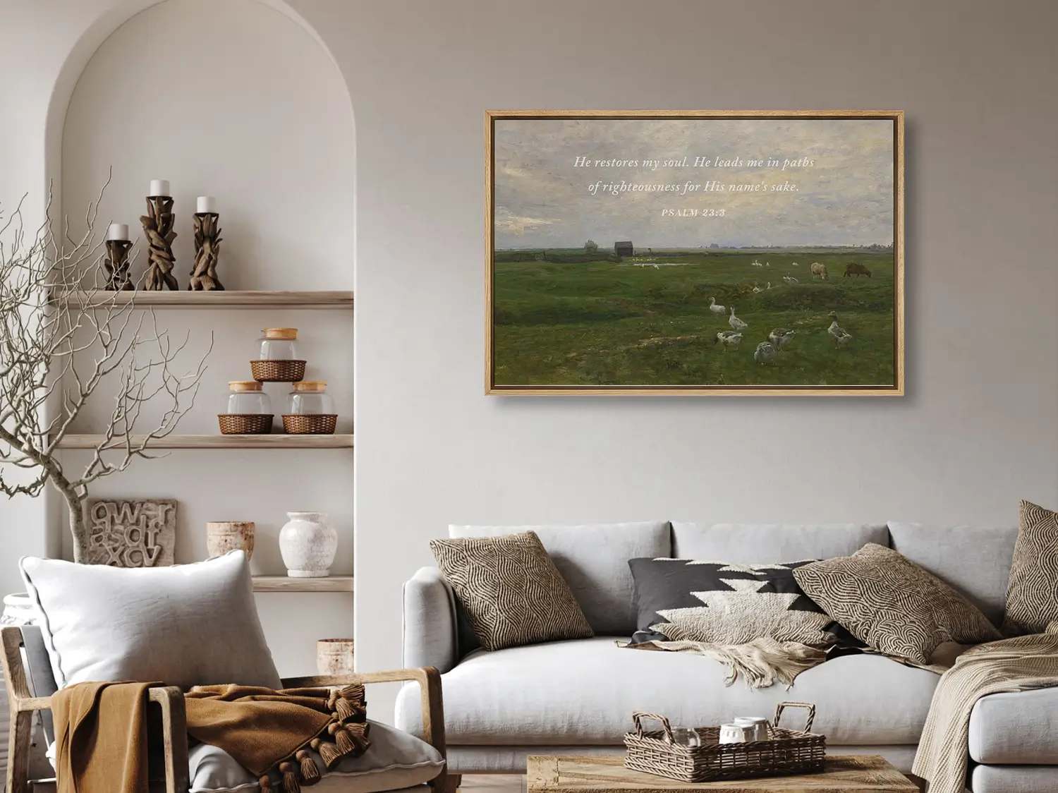 Invite peace and renewal into your space with this inspiring Christian wall art. This framed print features a calming pastoral landscape paired with the comforting promise from Psalm 23:3 about the restoration of the soul.