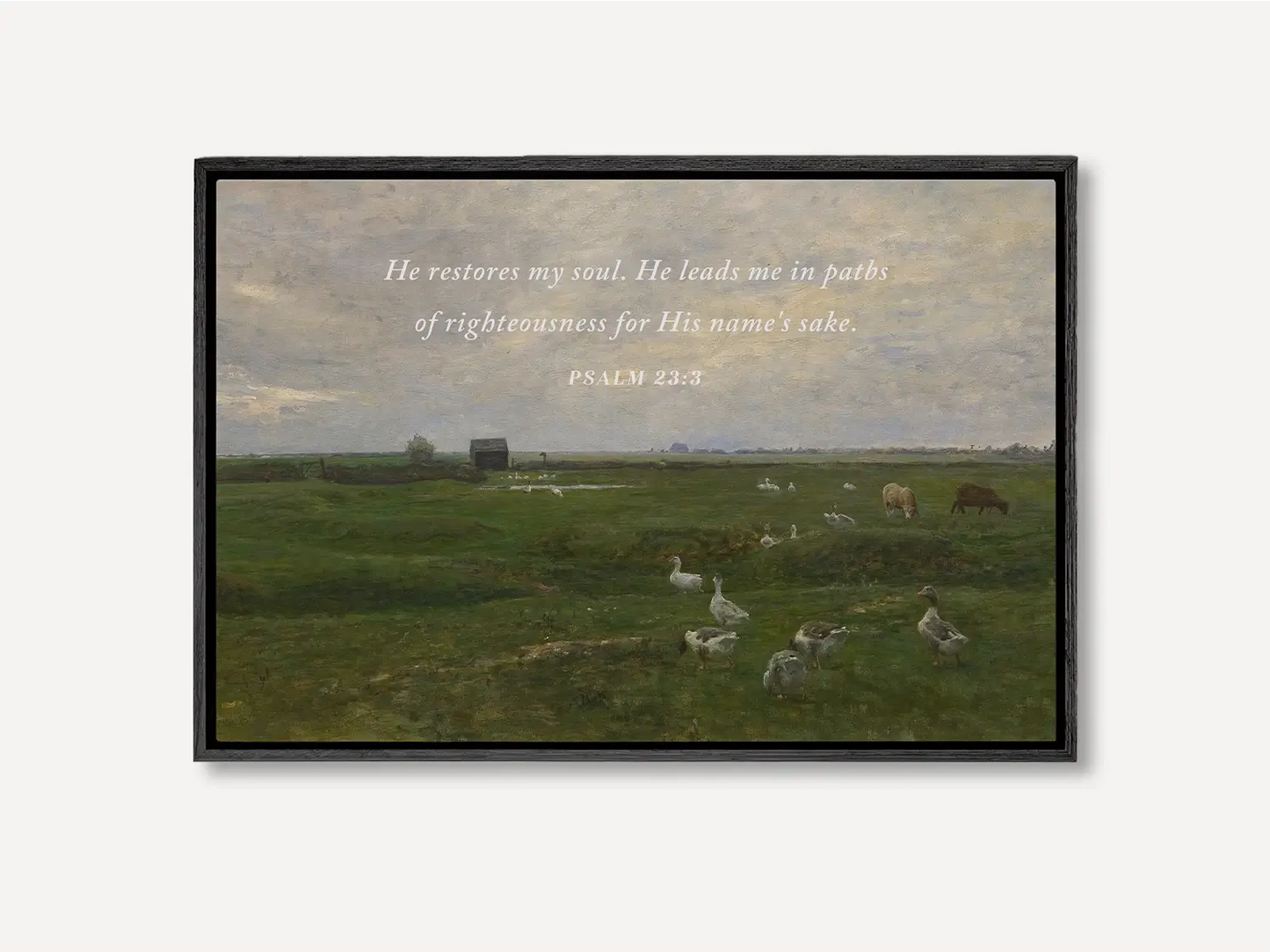 Invite peace and renewal into your space with this inspiring Christian wall art. This framed print features a calming pastoral landscape paired with the comforting promise from Psalm 23:3 about the restoration of the soul.
