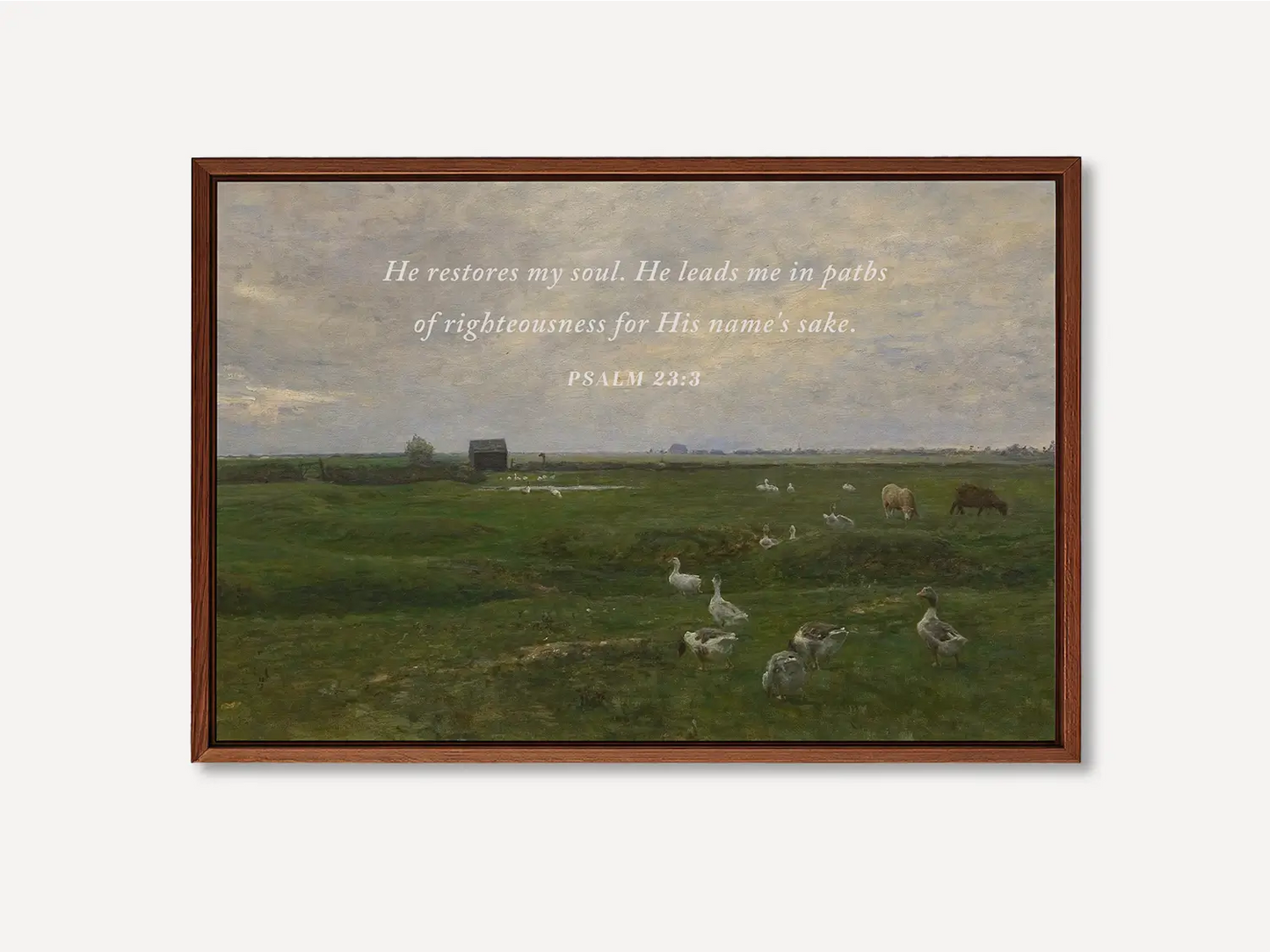 Invite peace and renewal into your space with this inspiring Christian wall art. This framed print features a calming pastoral landscape paired with the comforting promise from Psalm 23:3 about the restoration of the soul.