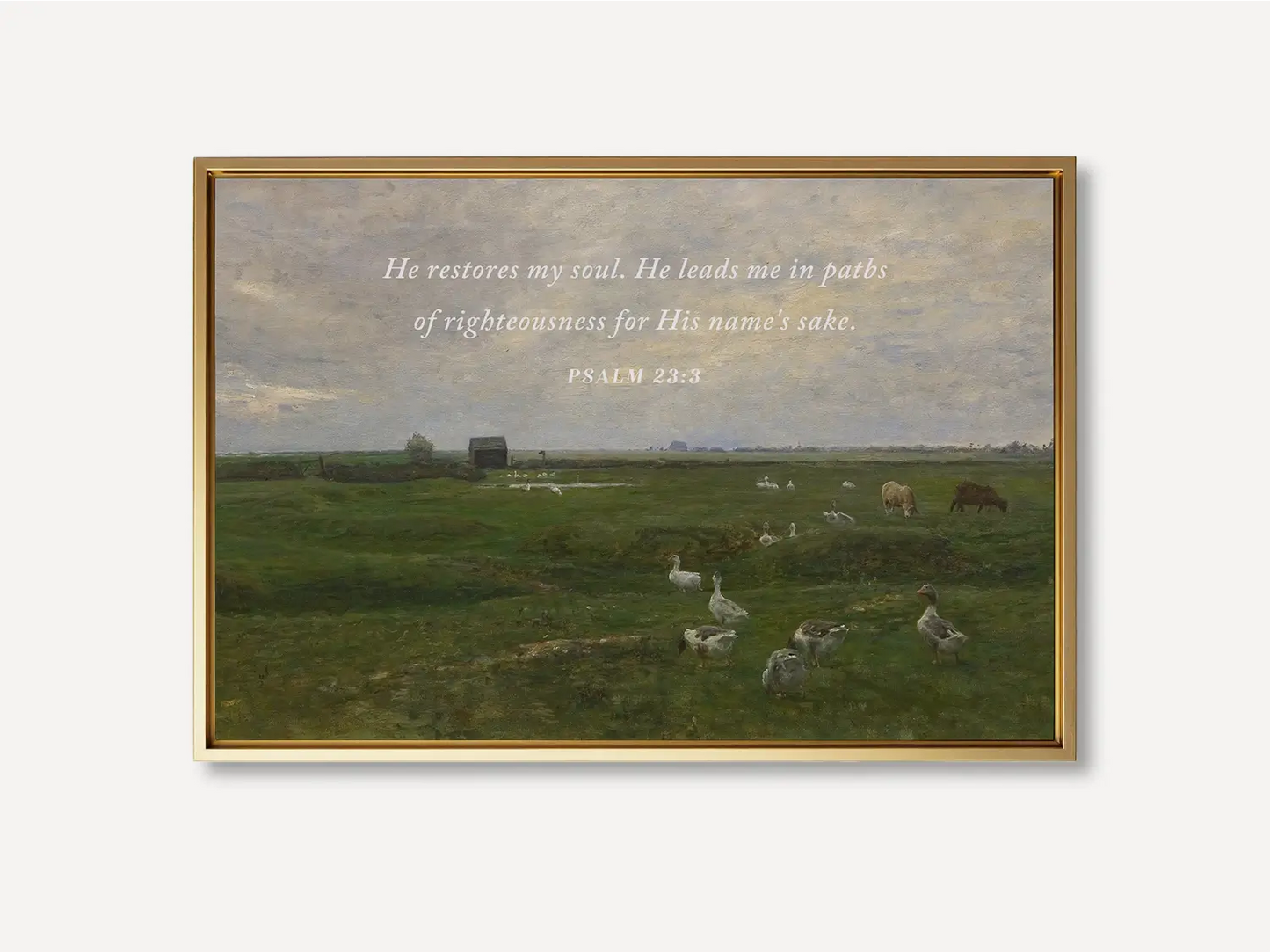 Invite peace and renewal into your space with this inspiring Christian wall art. This framed print features a calming pastoral landscape paired with the comforting promise from Psalm 23:3 about the restoration of the soul.