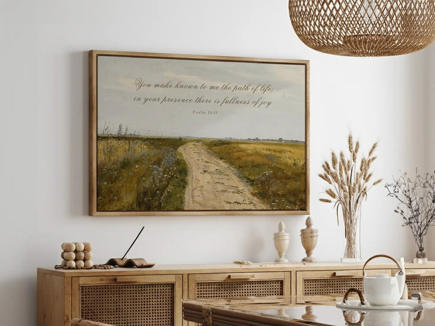 Discover fullness of joy in God's presence with this inspiring Christian wall art. This framed print features a beautiful, rustic landscape painting paired with the comforting promise from Psalm 16:11.