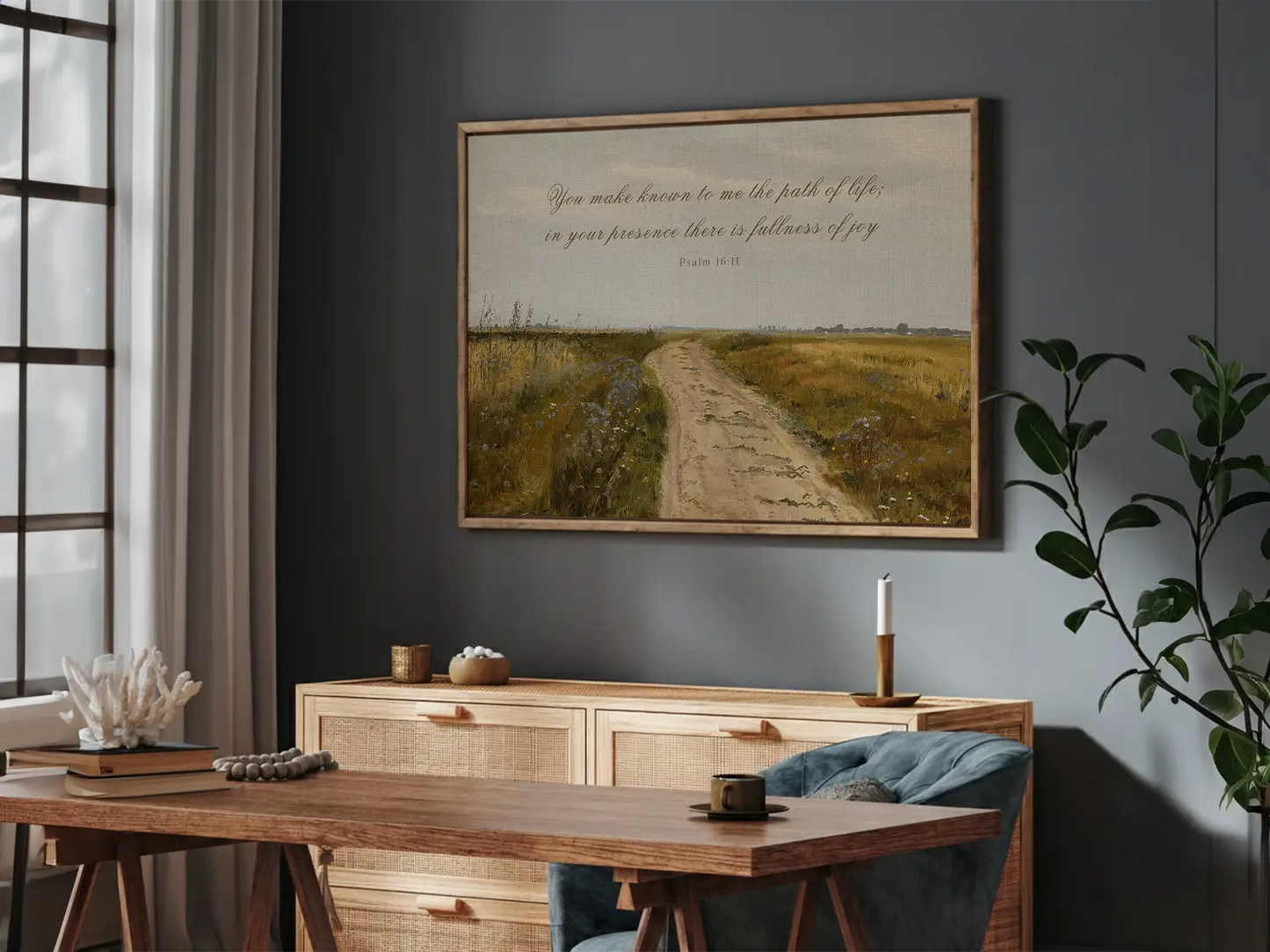 Discover fullness of joy in God's presence with this inspiring Christian wall art. This framed print features a beautiful, rustic landscape painting paired with the comforting promise from Psalm 16:11.