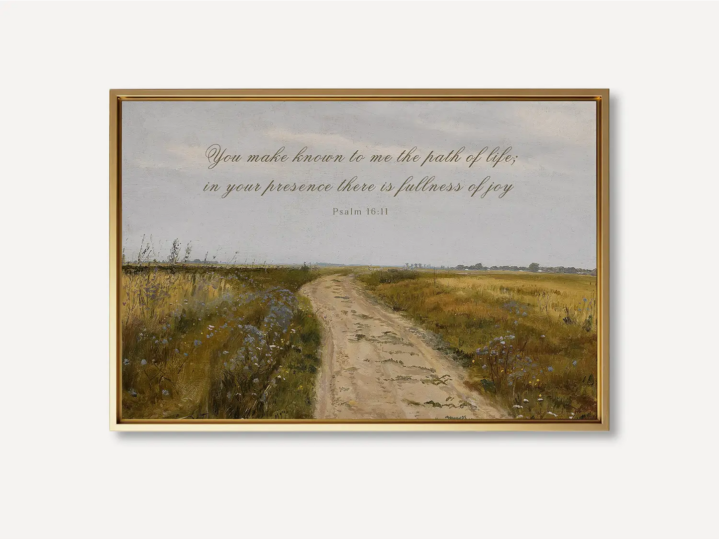 Discover fullness of joy in God's presence with this inspiring Christian wall art. This framed print features a beautiful, rustic landscape painting paired with the comforting promise from Psalm 16:11.