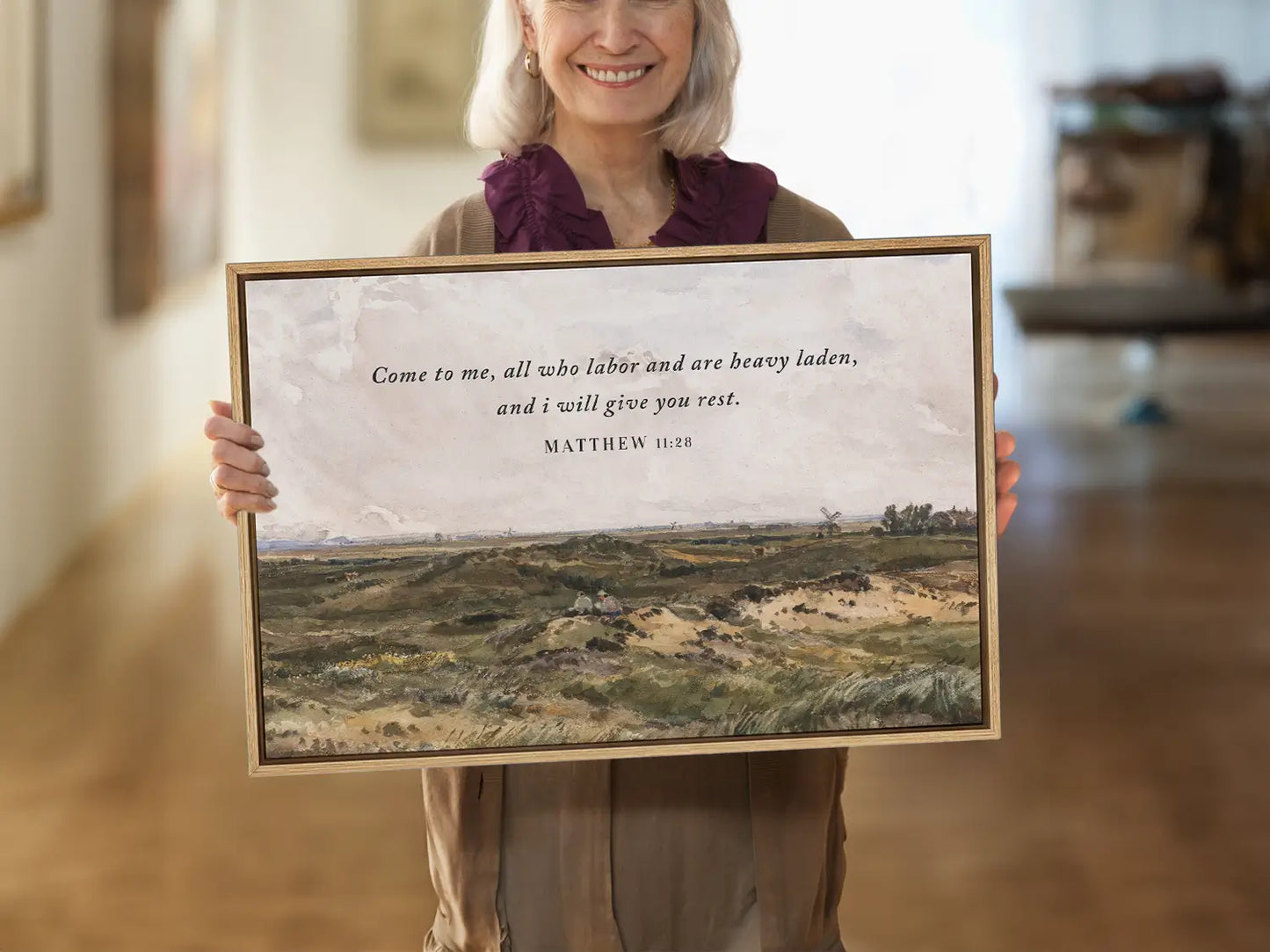 Invite true peace and rest into your home with this inspiring Christian wall art. This framed print features a classic landscape painting paired with the comforting invitation from Matthew 11:28: "Come to me, all who labor and are heavy laden, and I will give you rest."