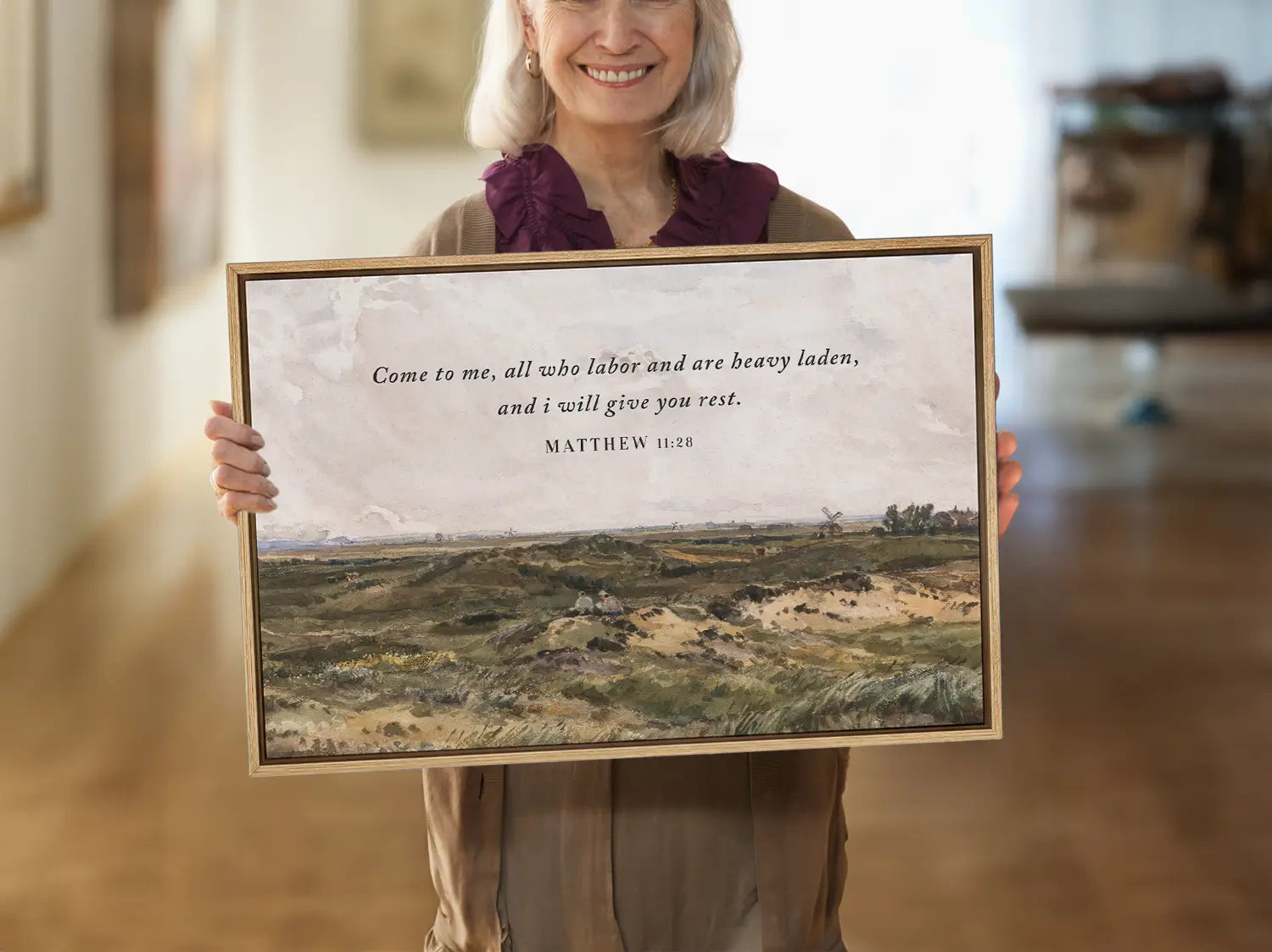 Invite true peace and rest into your home with this inspiring Christian wall art. This framed print features a classic landscape painting paired with the comforting invitation from Matthew 11:28: "Come to me, all who labor and are heavy laden, and I will give you rest."