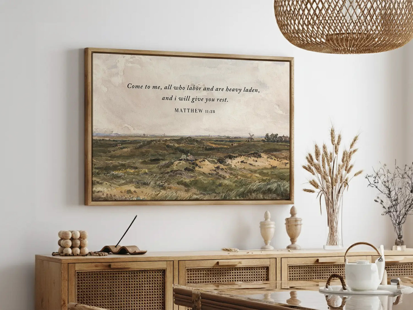 Invite true peace and rest into your home with this inspiring Christian wall art. This framed print features a classic landscape painting paired with the comforting invitation from Matthew 11:28: "Come to me, all who labor and are heavy laden, and I will give you rest."
