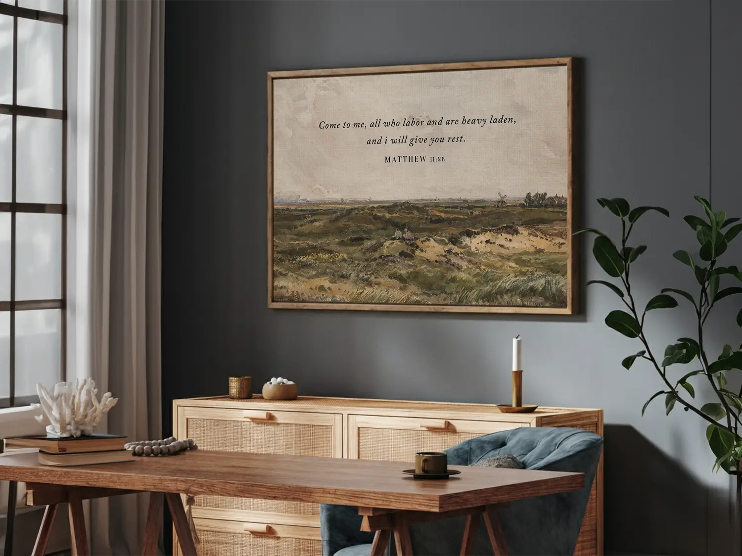 Invite true peace and rest into your home with this inspiring Christian wall art. This framed print features a classic landscape painting paired with the comforting invitation from Matthew 11:28: "Come to me, all who labor and are heavy laden, and I will give you rest."