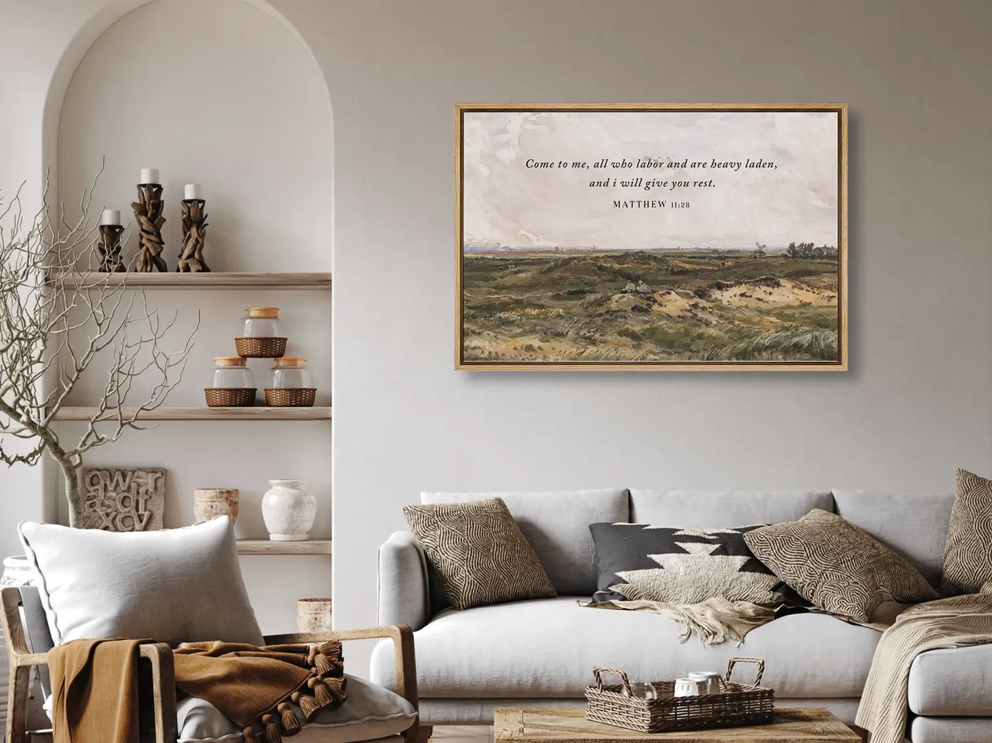 Invite true peace and rest into your home with this inspiring Christian wall art. This framed print features a classic landscape painting paired with the comforting invitation from Matthew 11:28: "Come to me, all who labor and are heavy laden, and I will give you rest."