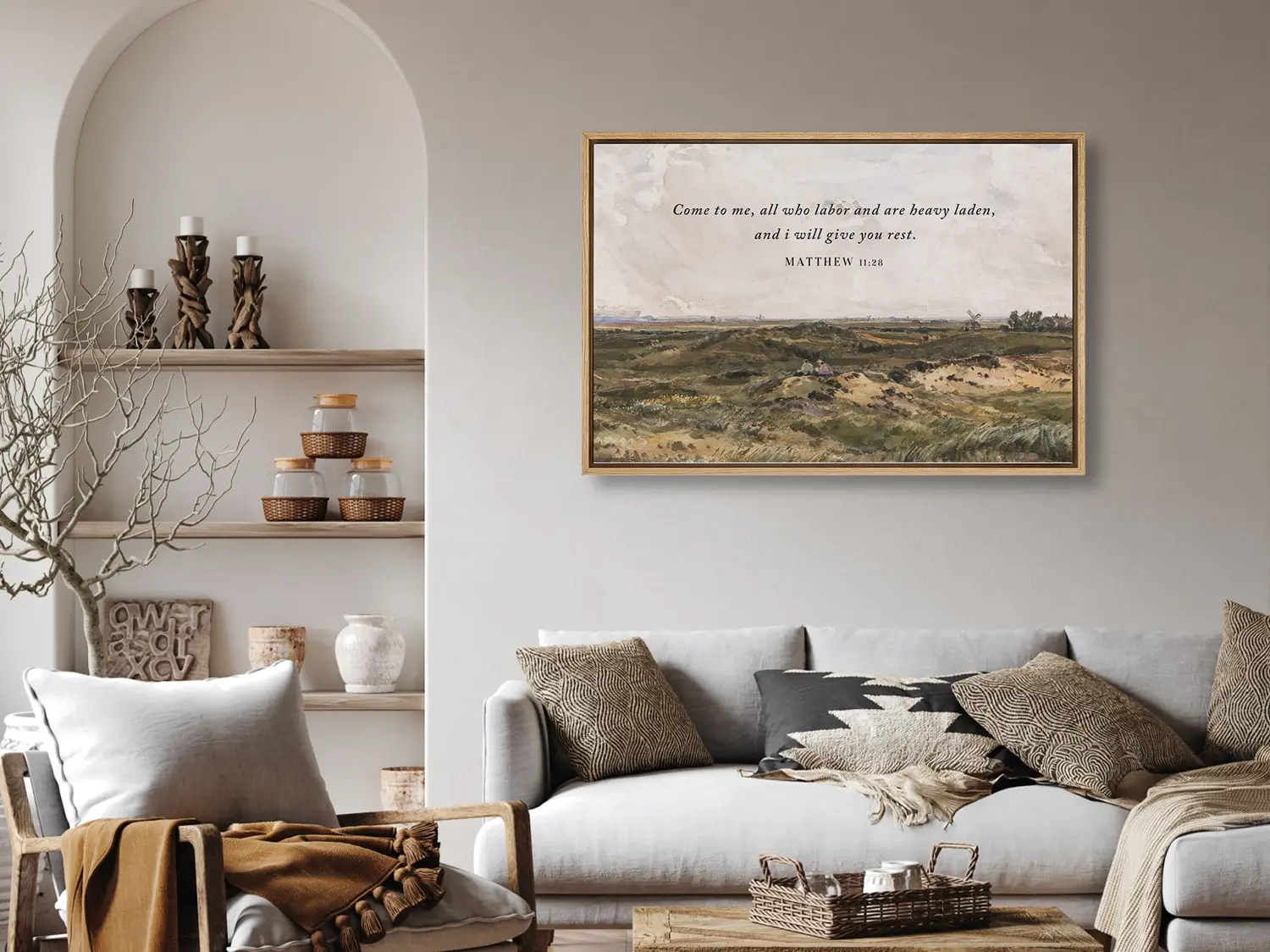 Invite true peace and rest into your home with this inspiring Christian wall art. This framed print features a classic landscape painting paired with the comforting invitation from Matthew 11:28: "Come to me, all who labor and are heavy laden, and I will give you rest."