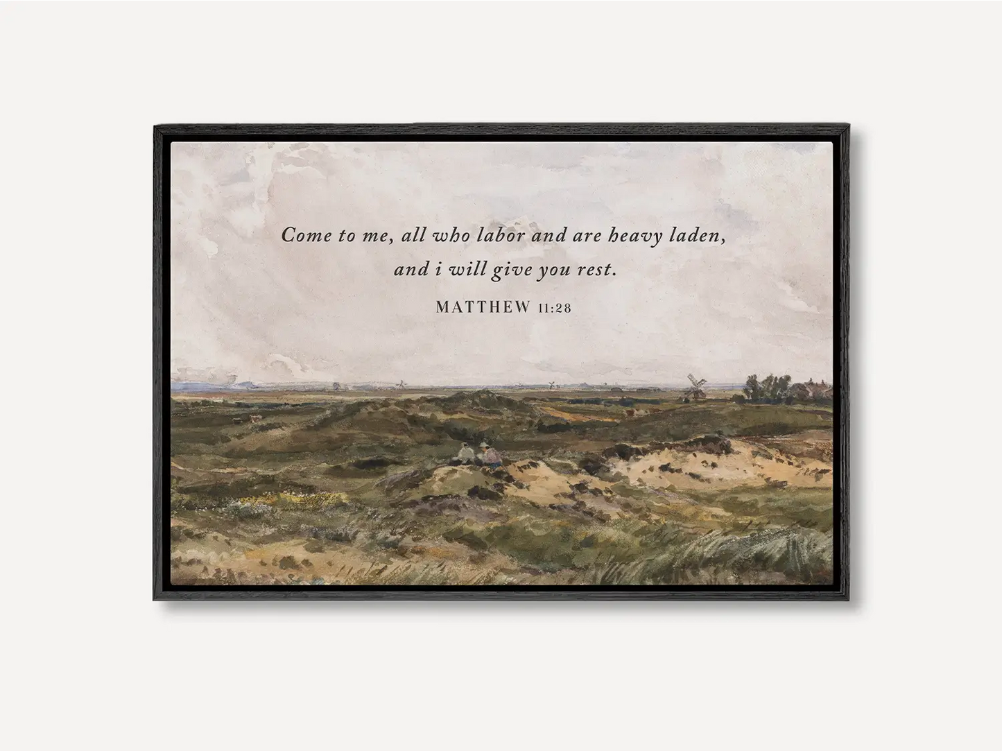 Invite true peace and rest into your home with this inspiring Christian wall art. This framed print features a classic landscape painting paired with the comforting invitation from Matthew 11:28: "Come to me, all who labor and are heavy laden, and I will give you rest."