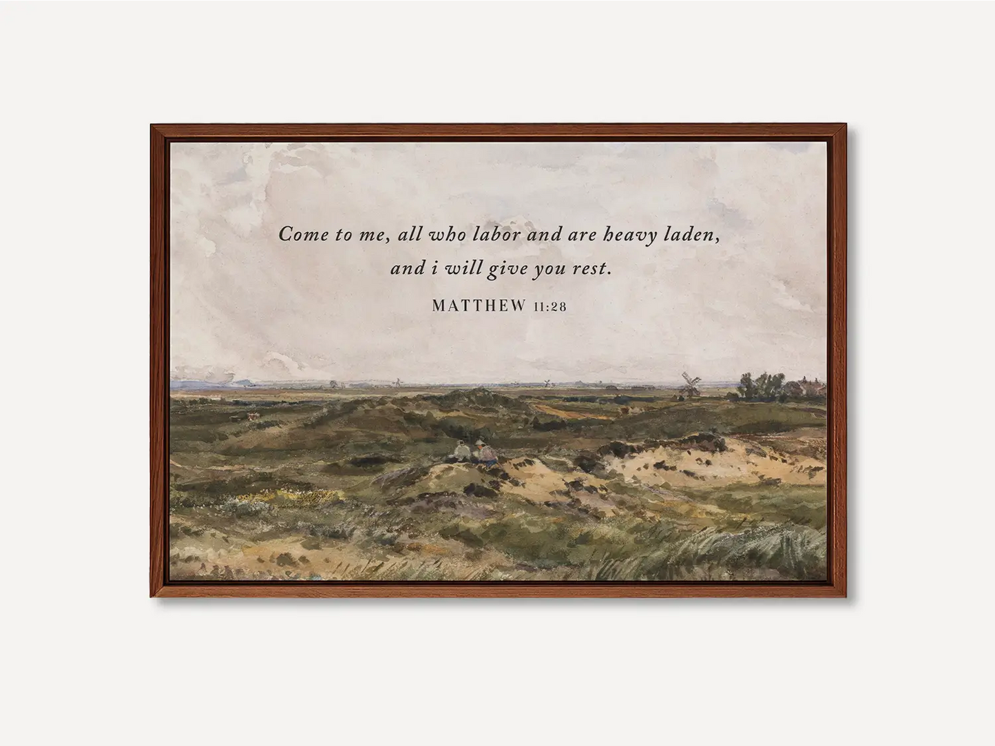 Invite true peace and rest into your home with this inspiring Christian wall art. This framed print features a classic landscape painting paired with the comforting invitation from Matthew 11:28: "Come to me, all who labor and are heavy laden, and I will give you rest."