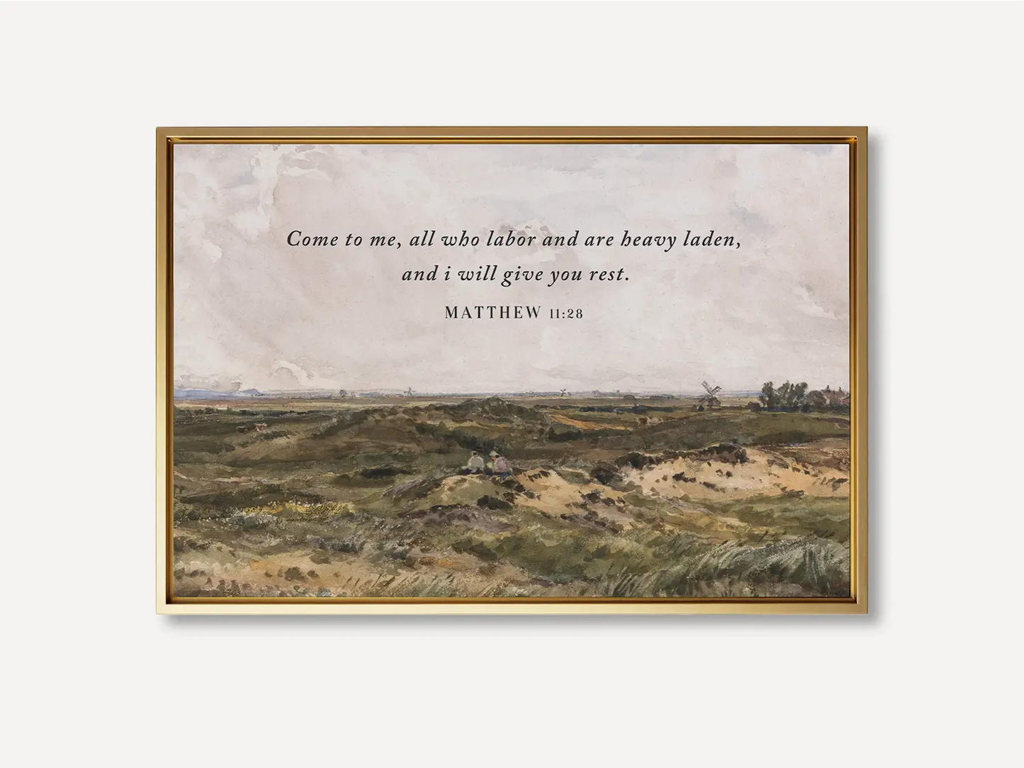 Invite true peace and rest into your home with this inspiring Christian wall art. This framed print features a classic landscape painting paired with the comforting invitation from Matthew 11:28: "Come to me, all who labor and are heavy laden, and I will give you rest."