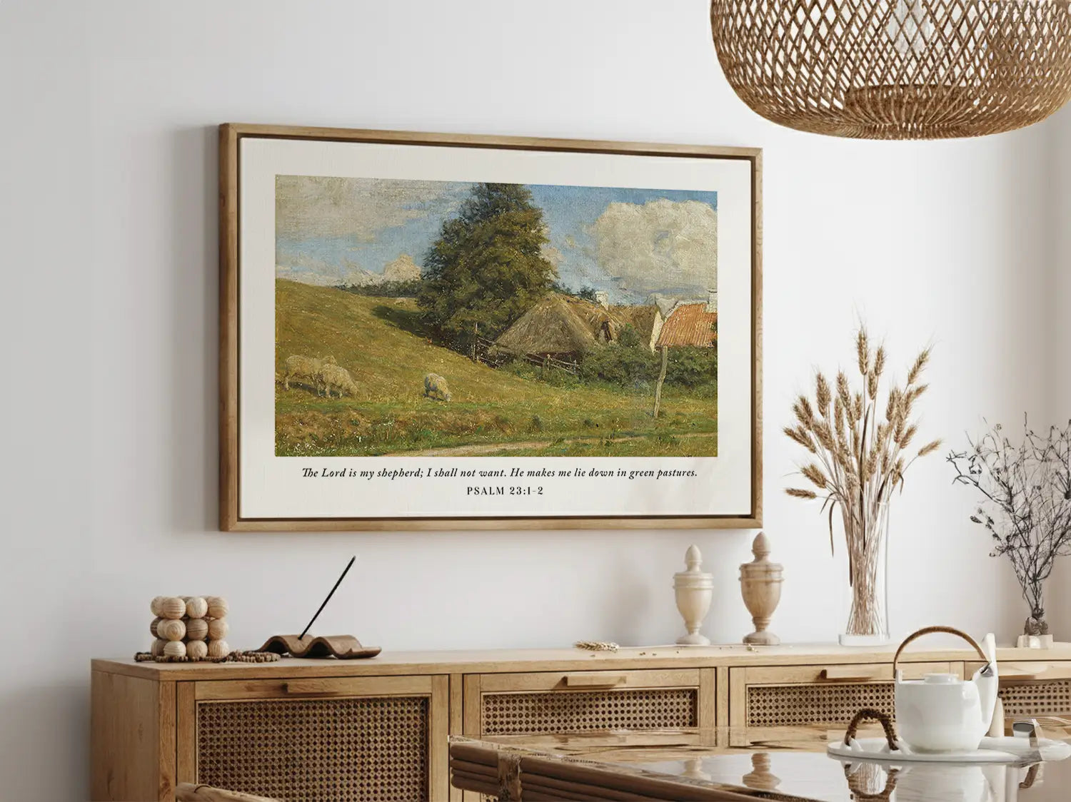Invite the promise of provision and peace into your home with this inspiring Christian wall art. This framed print features a classic pastoral landscape paired with the beloved scripture: "The Lord is my shepherd; I shall not want."
