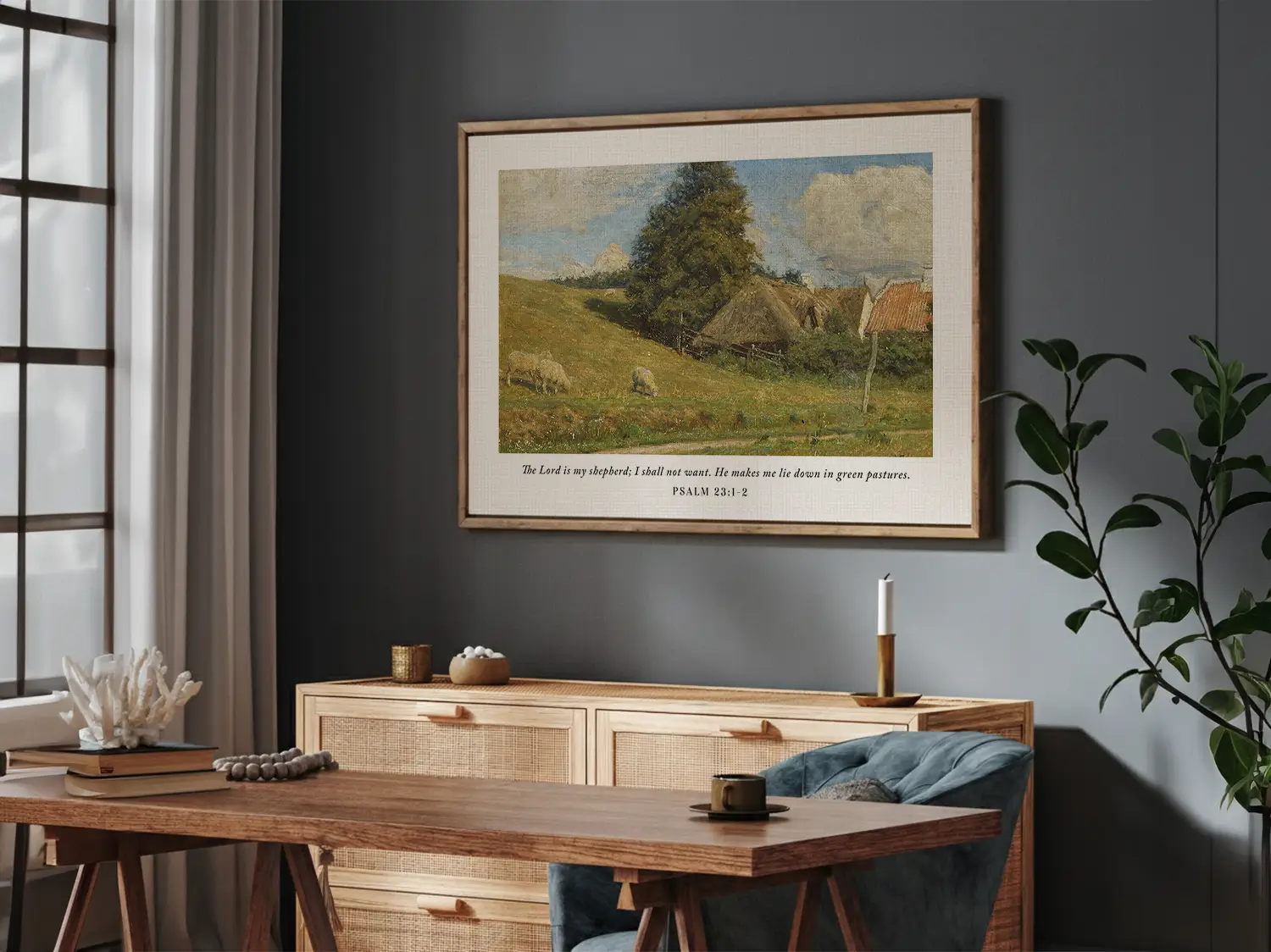Invite the promise of provision and peace into your home with this inspiring Christian wall art. This framed print features a classic pastoral landscape paired with the beloved scripture: "The Lord is my shepherd; I shall not want."