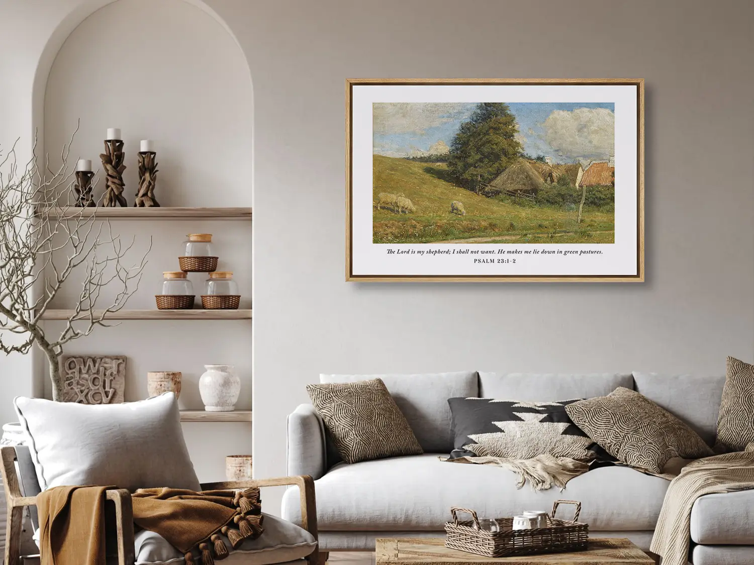 Invite the promise of provision and peace into your home with this inspiring Christian wall art. This framed print features a classic pastoral landscape paired with the beloved scripture: "The Lord is my shepherd; I shall not want."